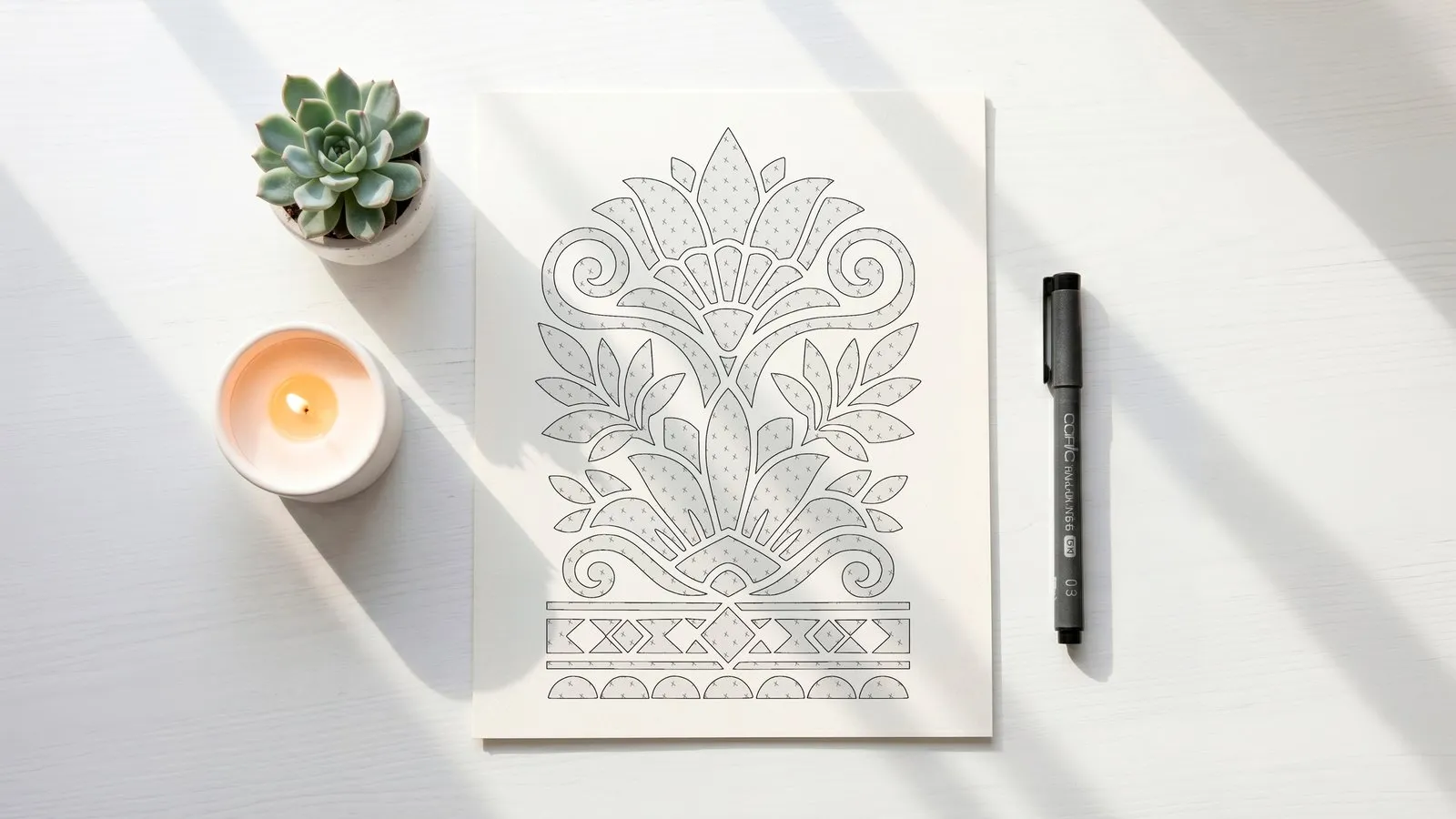 Ultra minimal desk setup: one blank page, one pen. No decisions, no clutter.