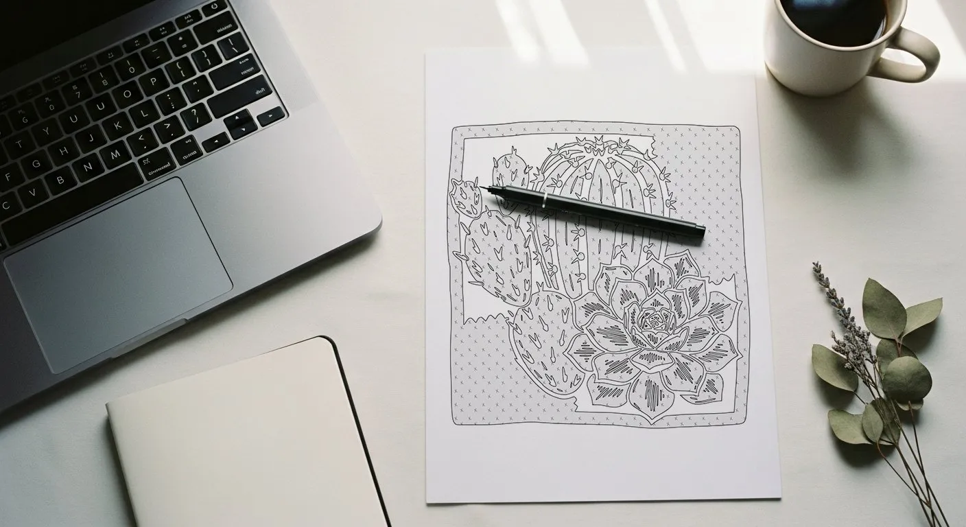 Closed laptop pushed aside, blank paper and pen in focus :  choosing a calm analog alternative to phone scrolling.
