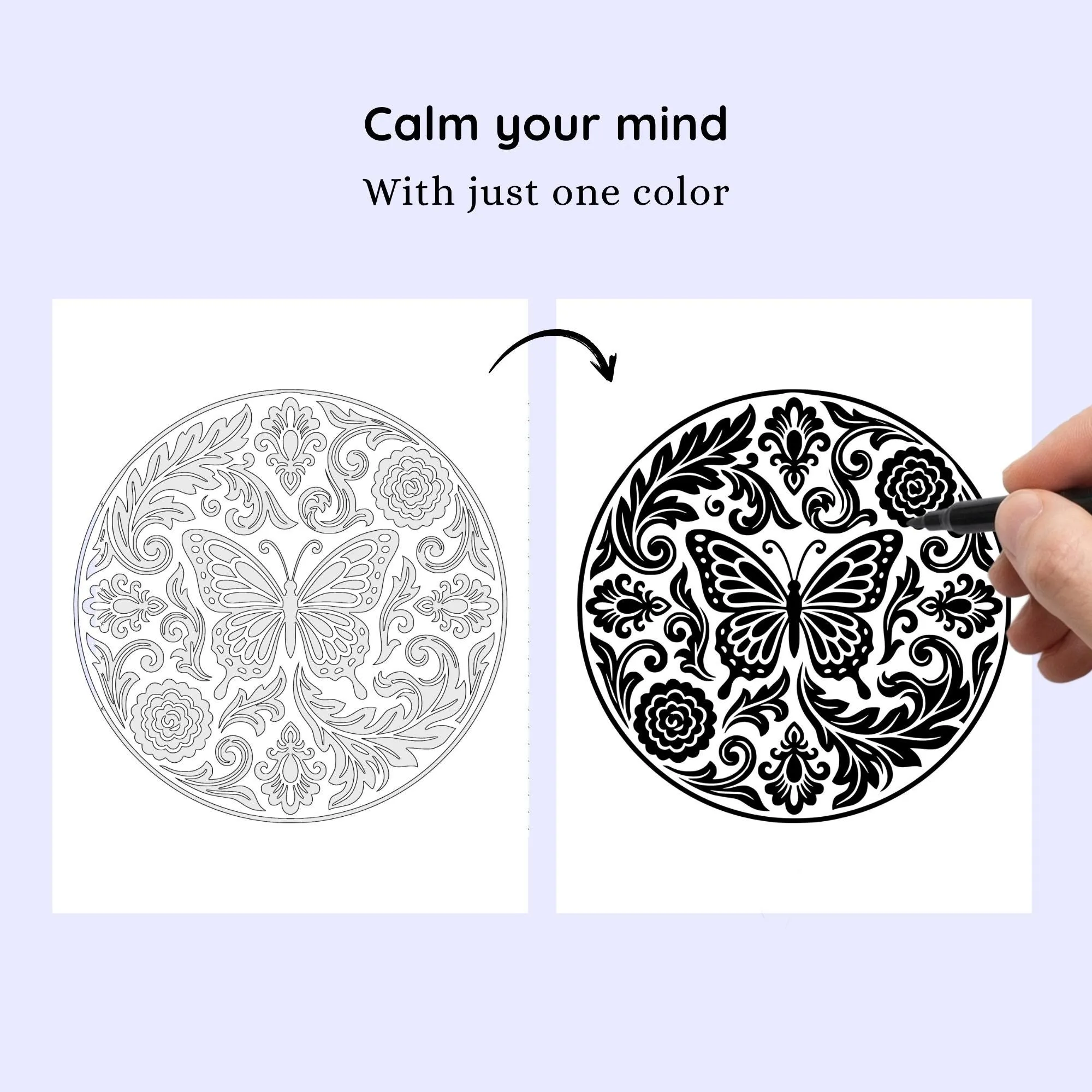 Animal Mandalas Coloring Book for Relaxation and Focus, Monochrome Mindful One Color Printable PDF PNG (50 Designs)