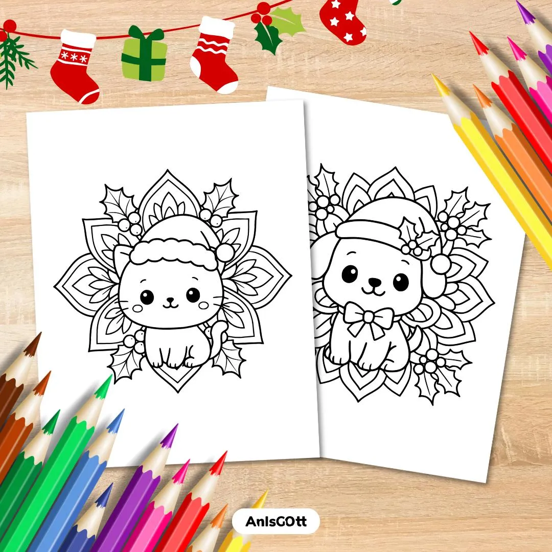 Christmas Coloring Pages: 10 Kawaii Animal Mandala Printables for Kids & Adults (PDF Instant Download)