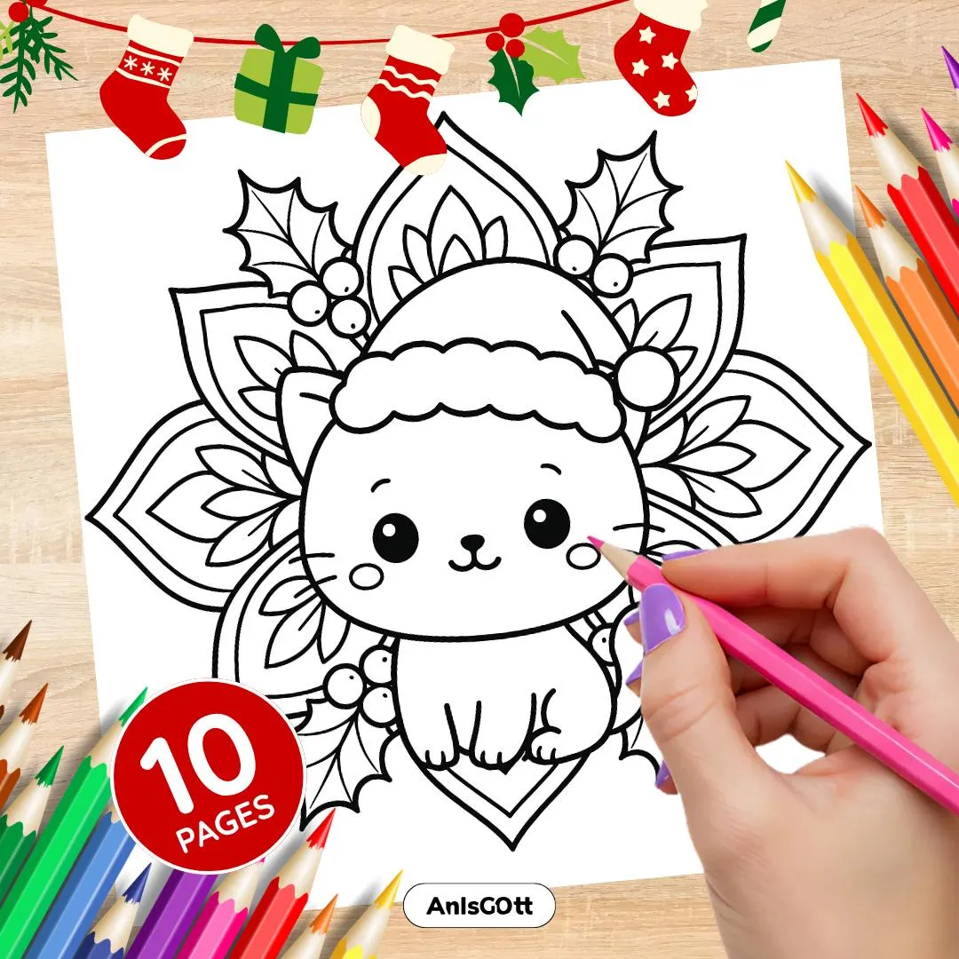 AnIsGOtt Christmas Coloring Pages: 10 Kawaii Animal Mandala Printables for Kids & Adults (PDF Instant Download) - Cover Preview - Christmas Animal Mandala release stress monochrome coloring