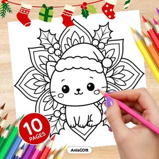 Christmas Coloring Pages: 10 Kawaii Animal Mandala Printables for Kids & Adults (PDF Instant Download): Sacred Geometry Coloring Pages