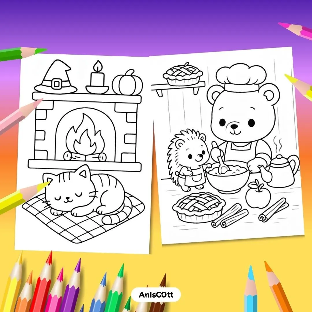 Cozy Autumn Coloring Book: 100 Kawaii Bold & Easy Fall Thanksgiving Coloring Pages