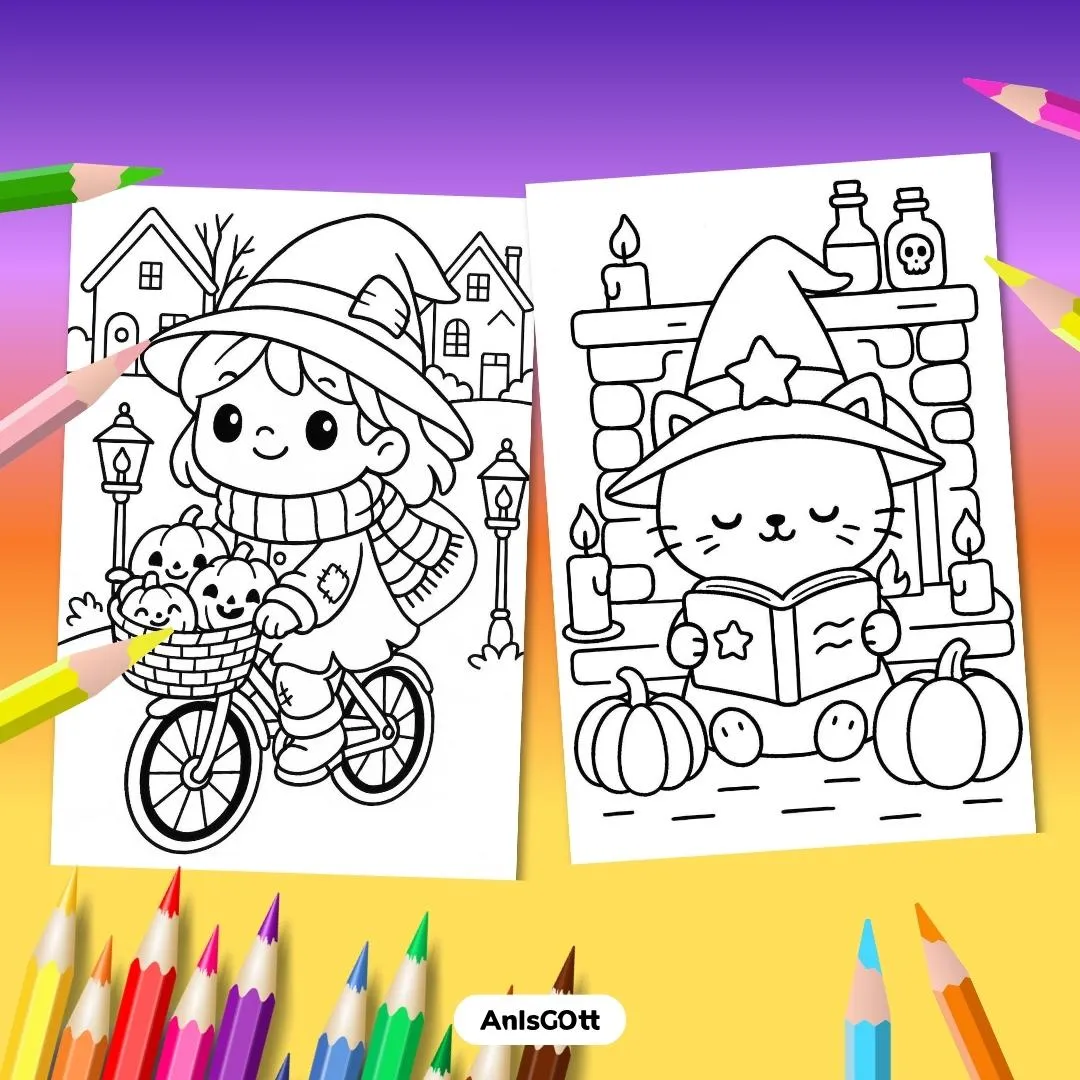 Cozy Halloween Coloring Book: 50 Bold & Easy Coloring Pages, Spooky Cute PDF Coloring Book Printable for Kids and Adults, Instant Download
