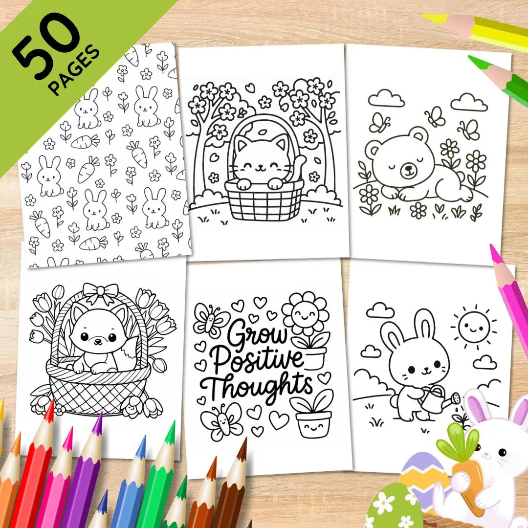Cute Bold & Easy Spring Coloring Book, 50 Coloring Pages with Kawaii Animals, Inspirational Quotes, Simple Patterns, Homeschool Printable