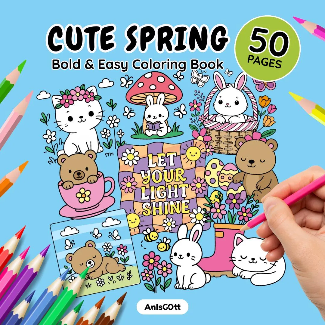 AnIsGOtt Cute Bold & Easy Spring - Cover Preview - Cute Bold Easy Spring Coloring Book release stress monochrome coloring