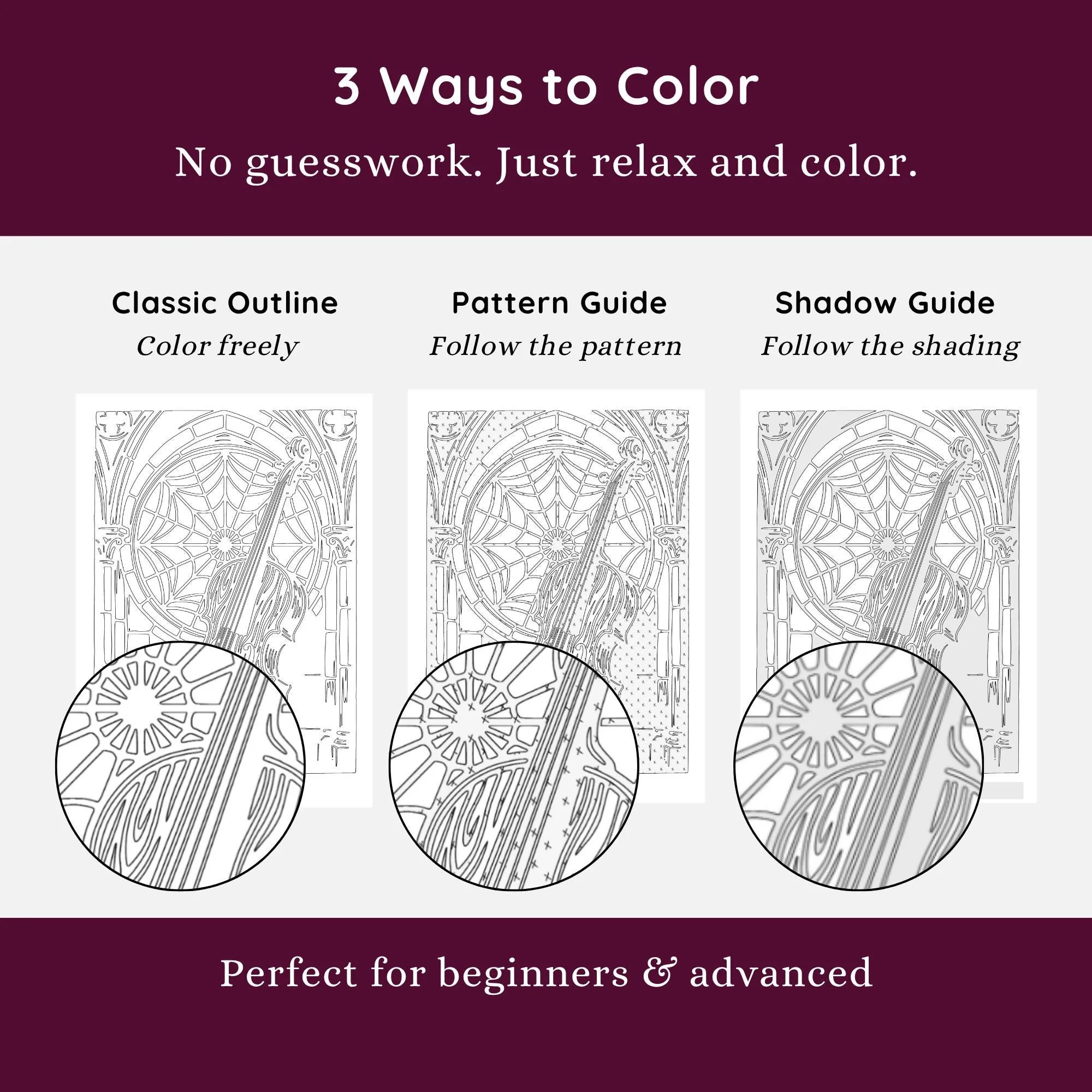 Dark Academia Gothic Monochrome Coloring Book, One Color Stress Relief Printable Pages PDF PNG (50 Designs)