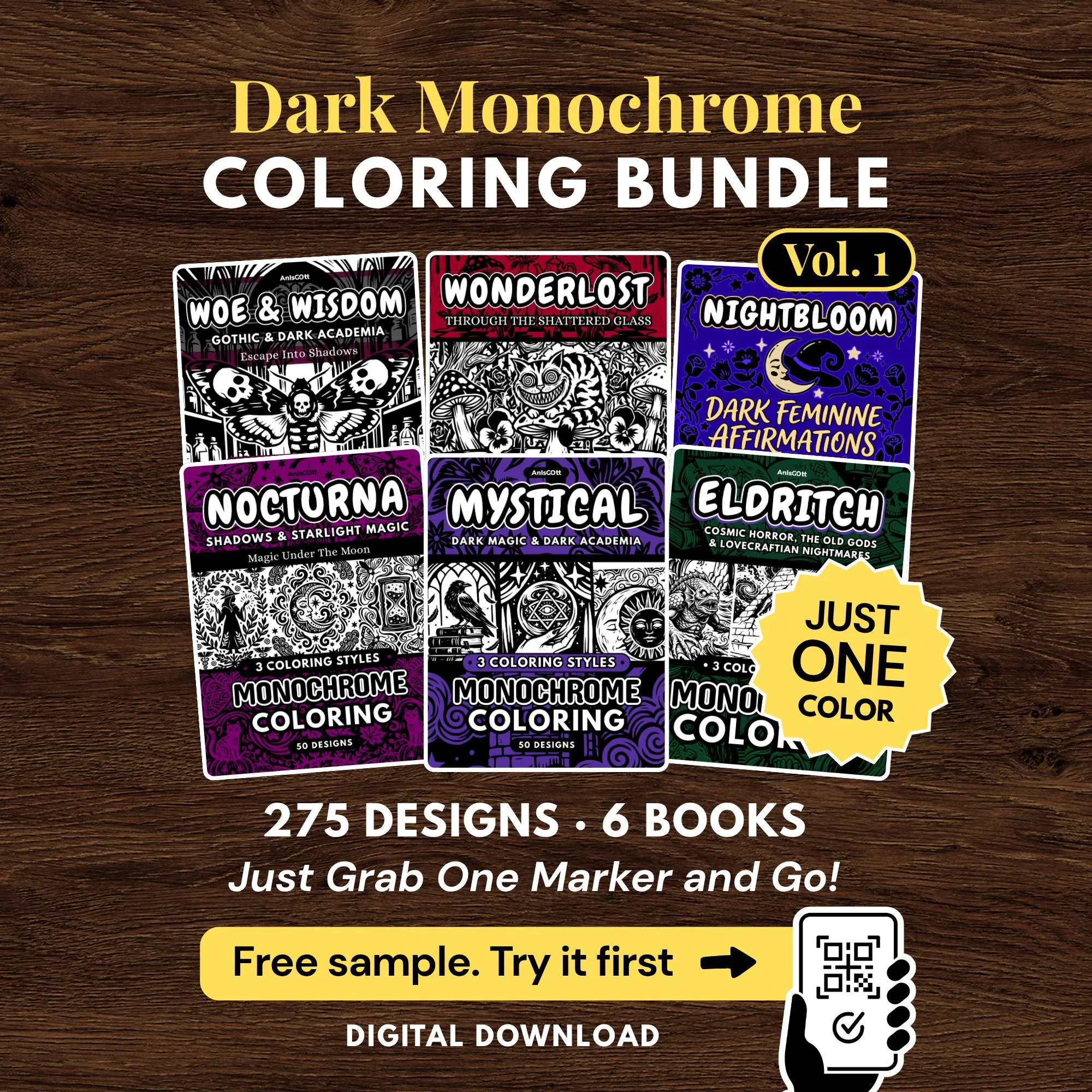 AnIsGOtt Dark Monochrome Coloring Bundle — 6 Books - Cover Preview - Monochrome Coloring