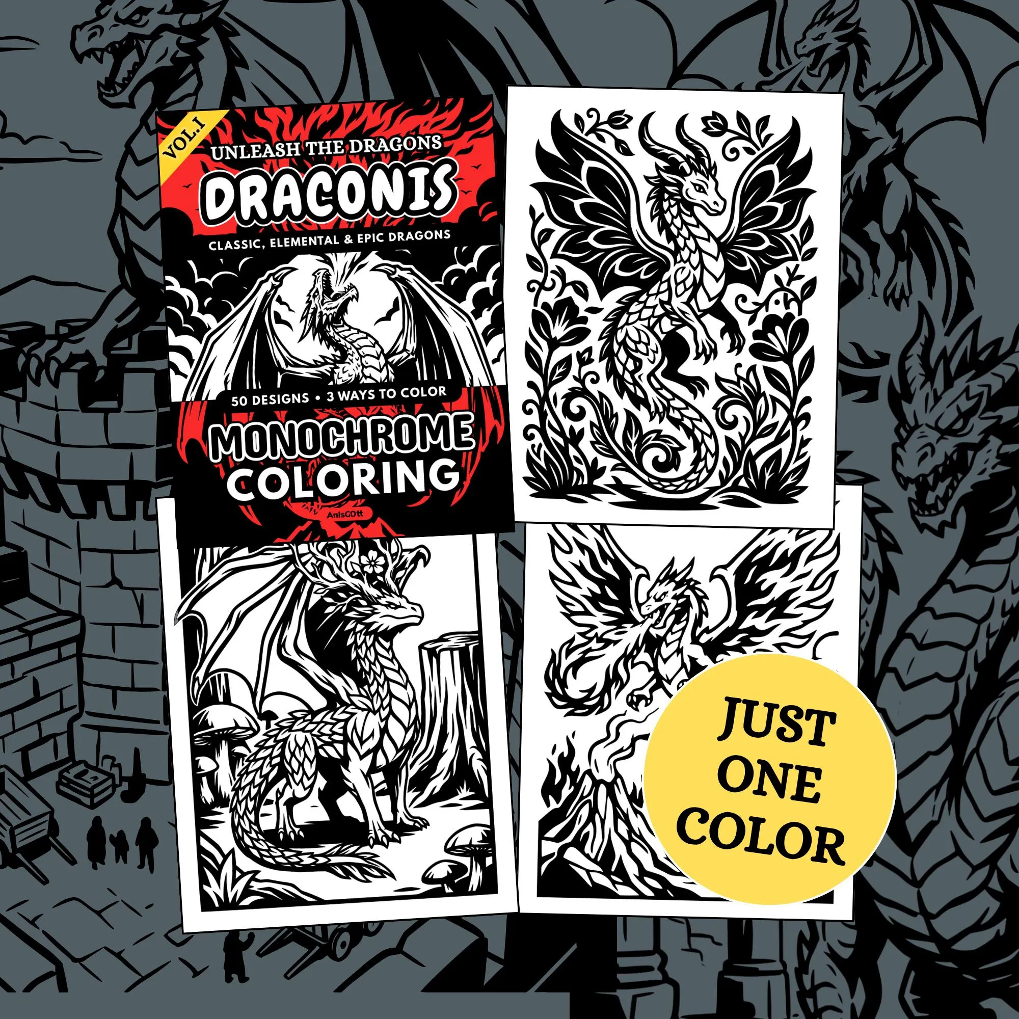 AnIsGOtt DRACONIS Monochrome - Cover Preview - Draconis Dragons release stress monochrome coloring