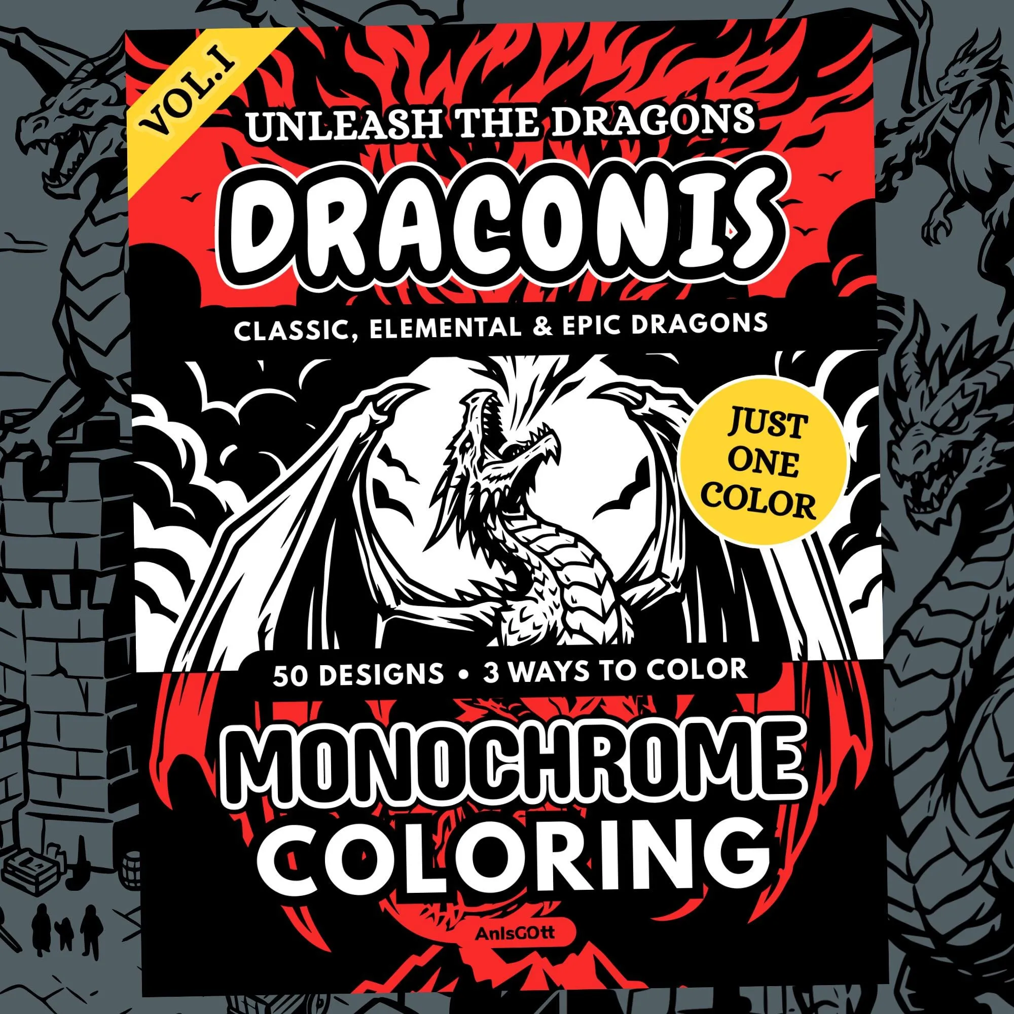 AnIsGOtt DRACONIS Monochrome - Cover Preview - Draconis Dragons release stress monochrome coloring