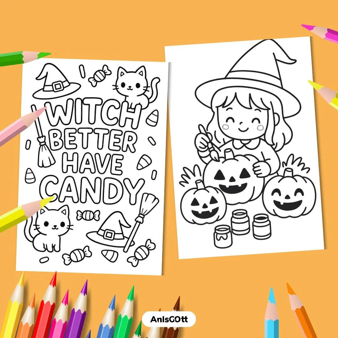 Halloween Cuties Coloring Book: 100 Kawaii Bold & Easy Coloring pages for Kids and Adults