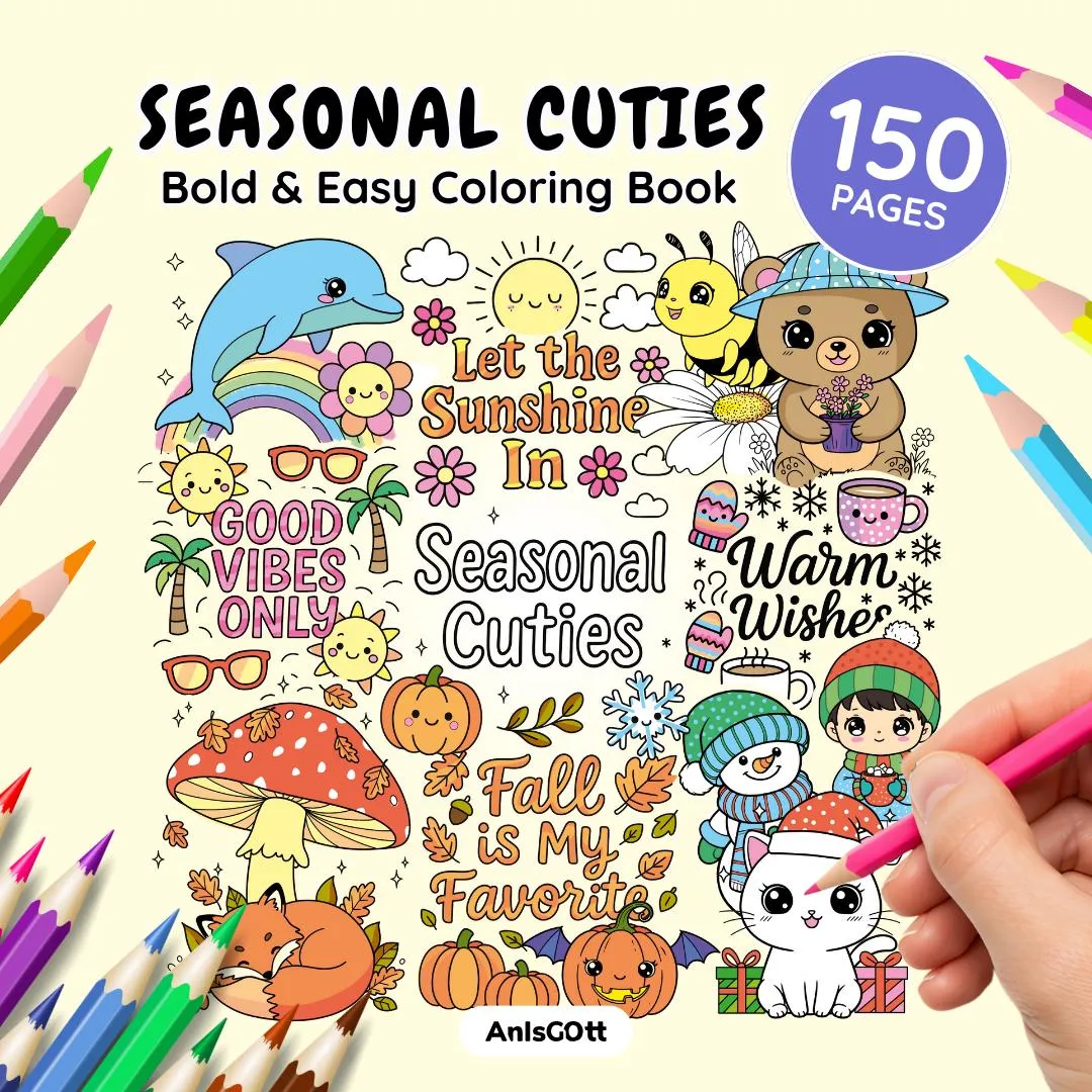 AnIsGOtt Kawaii Seasonal Coloring Pages: 150 Bold & Easy Designs (PDF) Christmas - Cover Preview - Kawaii Seasonal release stress monochrome coloring