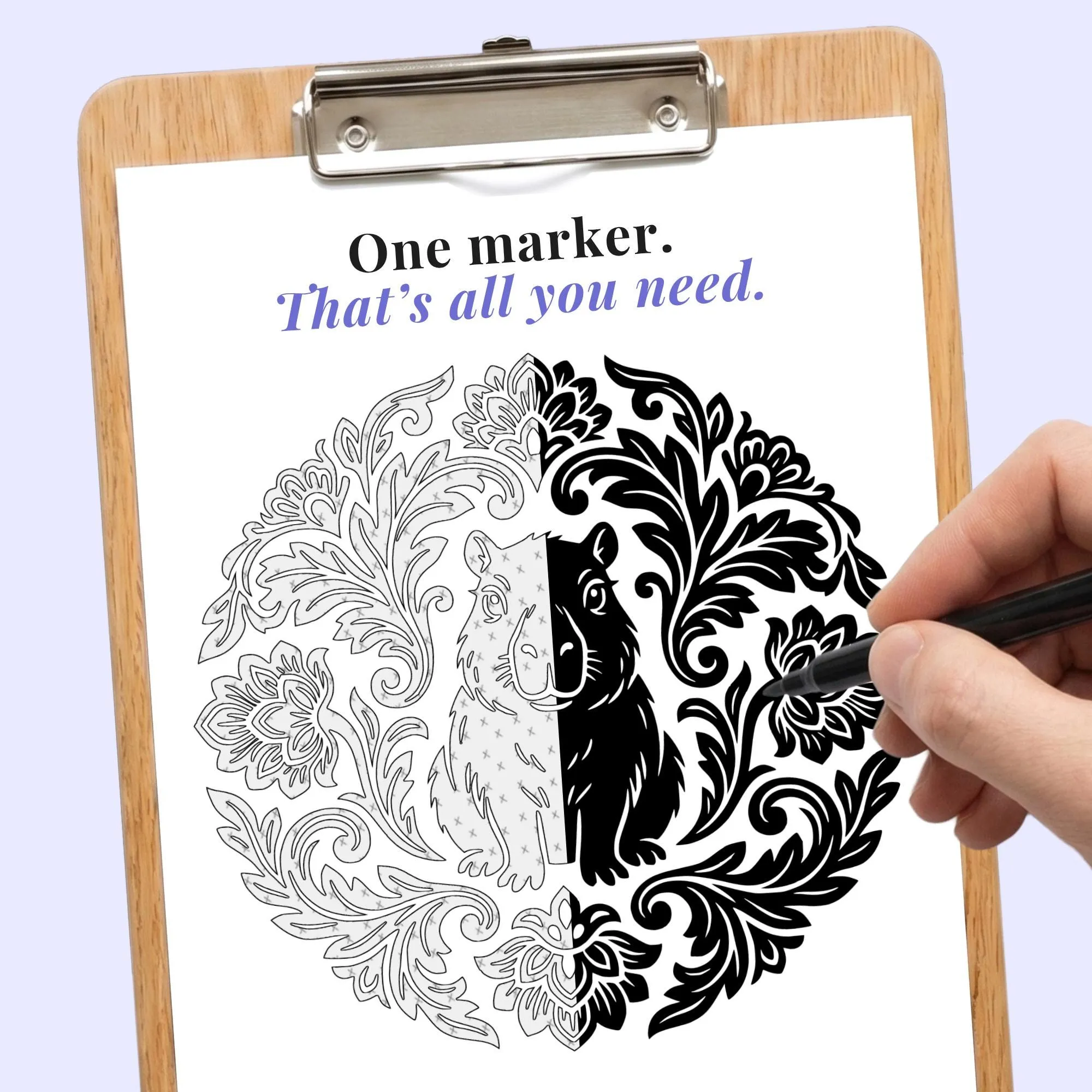 Floral Animal Mandalas Monochrome Coloring Book, One Color Guided Coloring Pages Printable PDF PNG, 50 Designs
