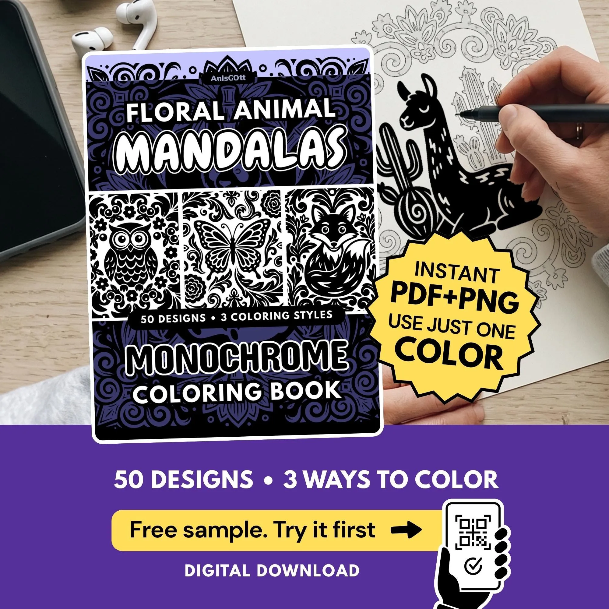 AnIsGOtt Floral Animal Mandalas Monochrome - Cover Preview - Monochrome Coloring