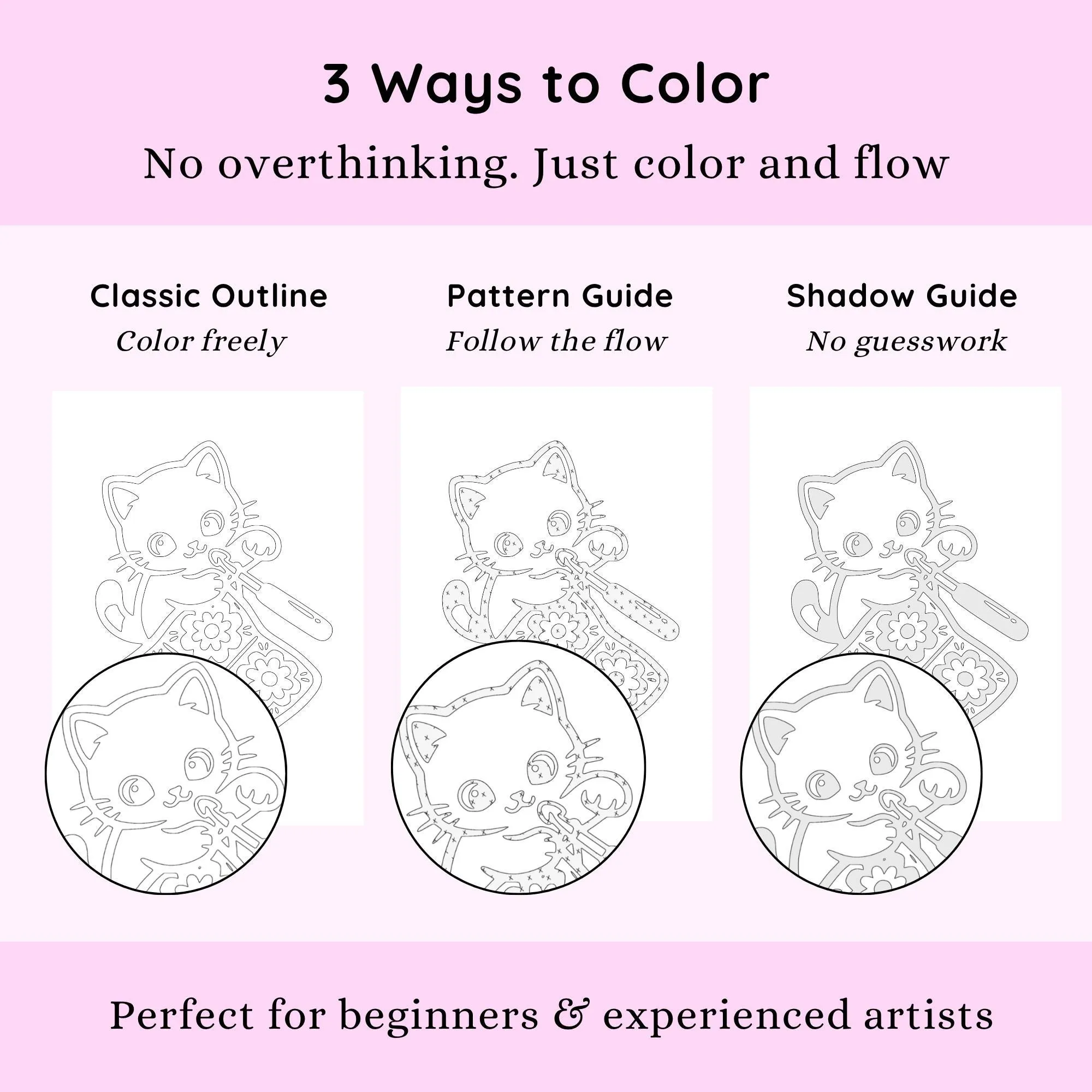 Cozy Cats & Crafts Monochrome Coloring Book, Bold Easy One Color Stress Relief Printable Pages PDF PNG (25 Designs)