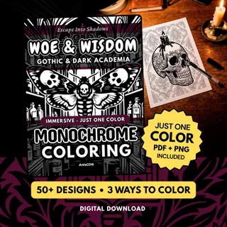 Woe & Wisdom: Dark Academia Gothic Monochrome Coloring Pages