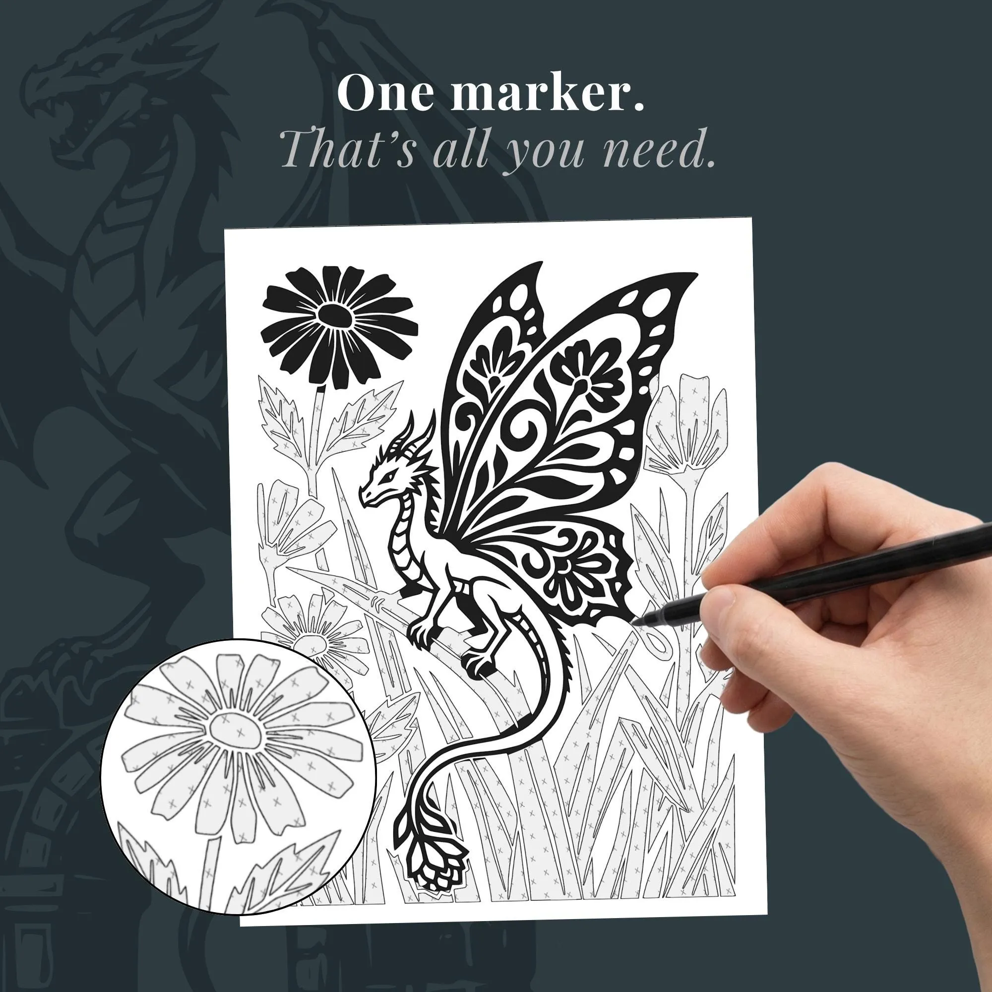 DRACONIS Monochrome Coloring Book, Epic Dragons, Elemental Creatures, One Color PDF PNG (50 Designs)