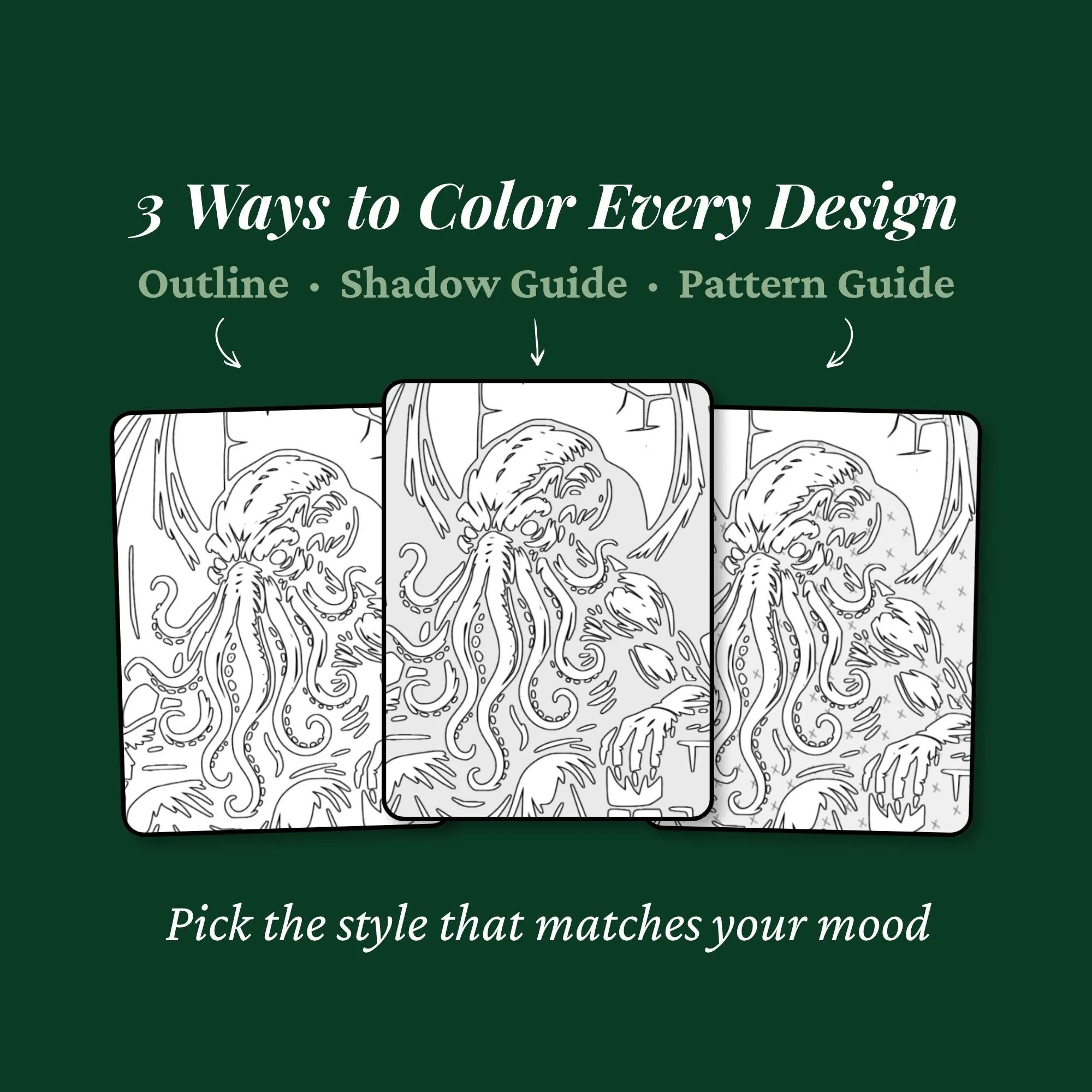 Lovecraft Monochrome Coloring Book, Eldritch Cosmic Horror Pages, Cthulhu One Color Printable PDF PNG (25 Designs)