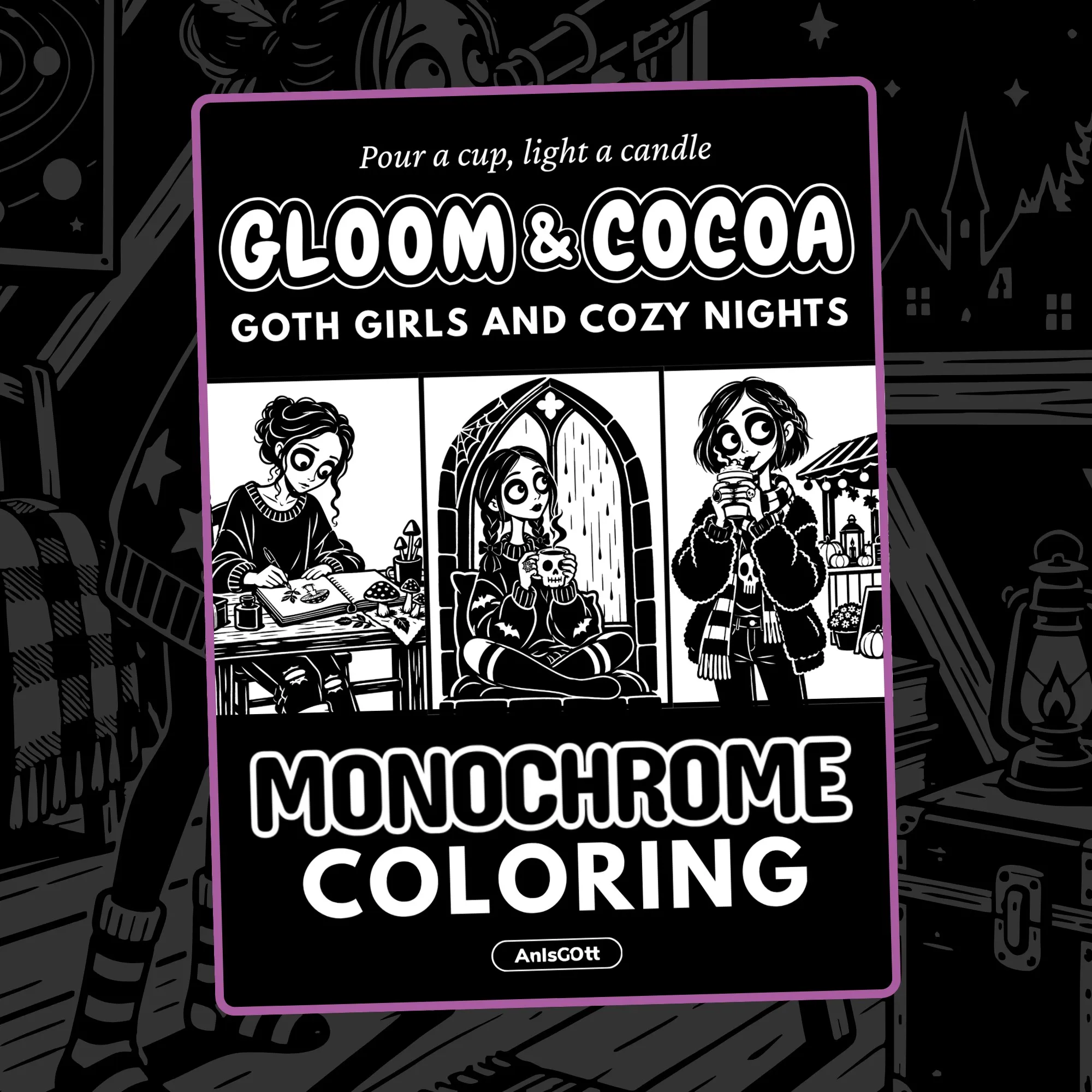 Gloom & Cocoa monochrome coloring book, image 1 of 8