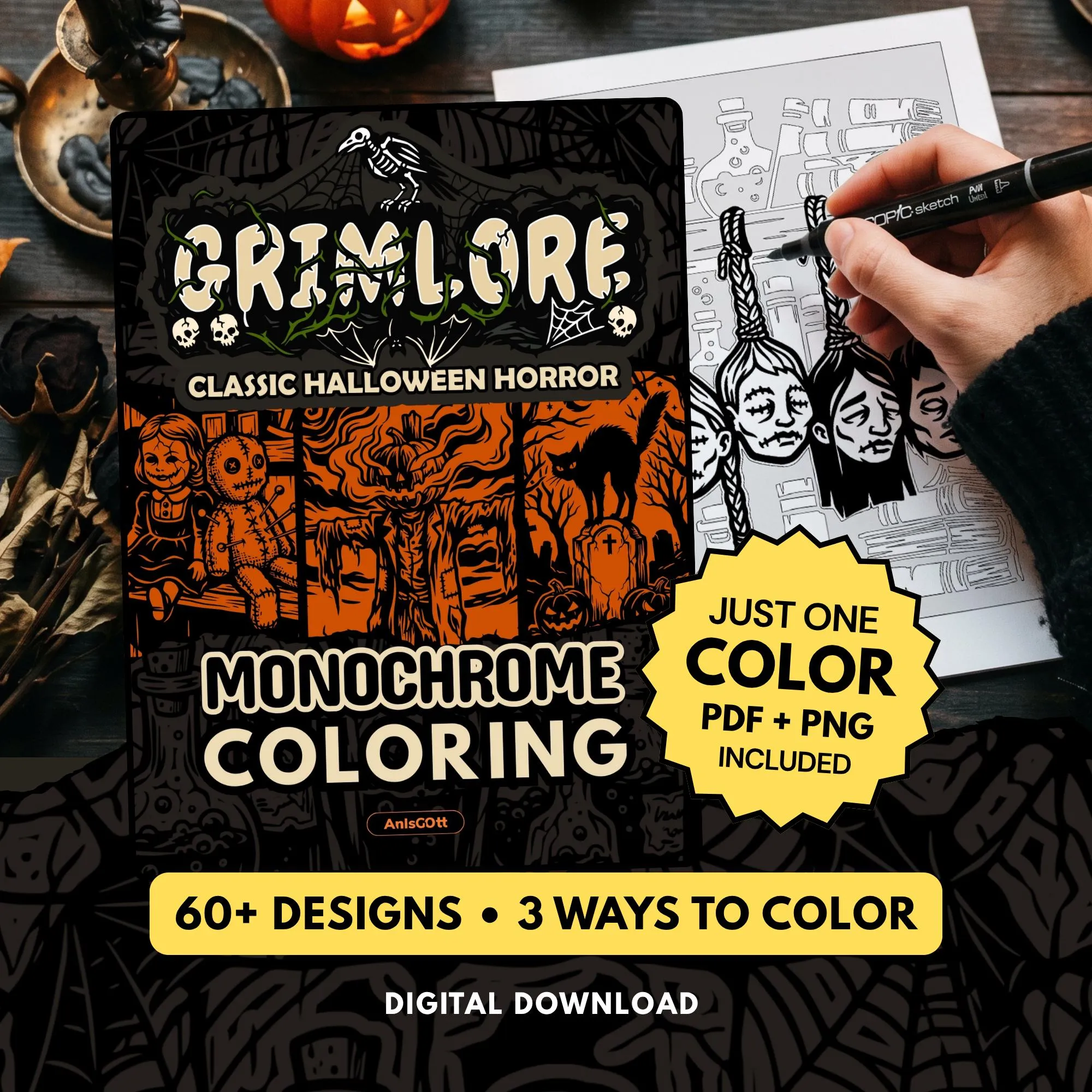 AnIsGOtt GRIMLORE Halloween Monochrome - Cover Preview - Monochrome Coloring