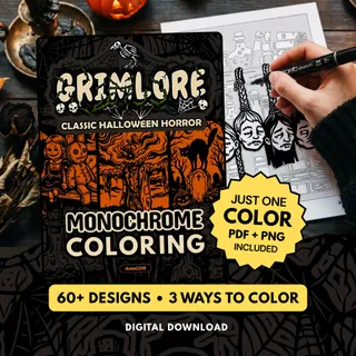 GRIMLORE: Classic Horror Halloween Monochrome Coloring Pages