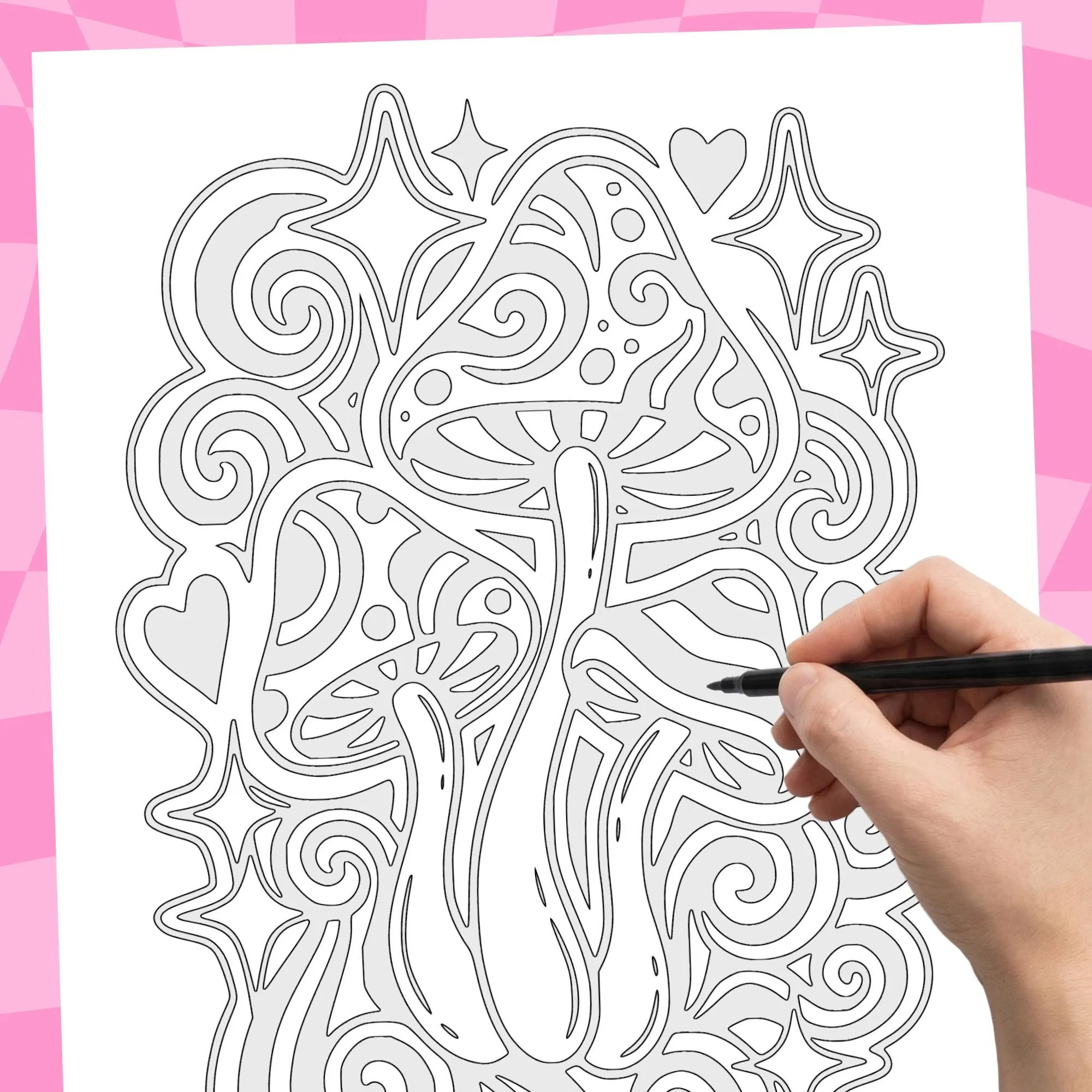 Groovy Retro Monochrome Coloring Book, Trippy 70s 90s, Bold Easy One Color Stress Relief Printable Pages PDF PNG (50 Designs)