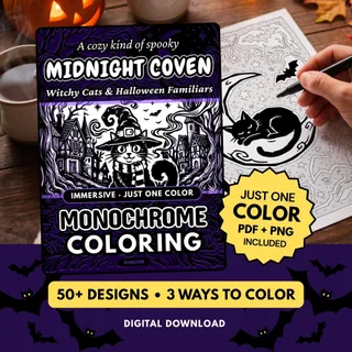 Midnight Coven: Witchy Cats & Spooky Magic Monochrome Coloring Pages
