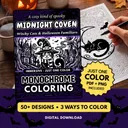Midnight Coven: Witchy Cats & Spooky Magic Monochrome Coloring Pages