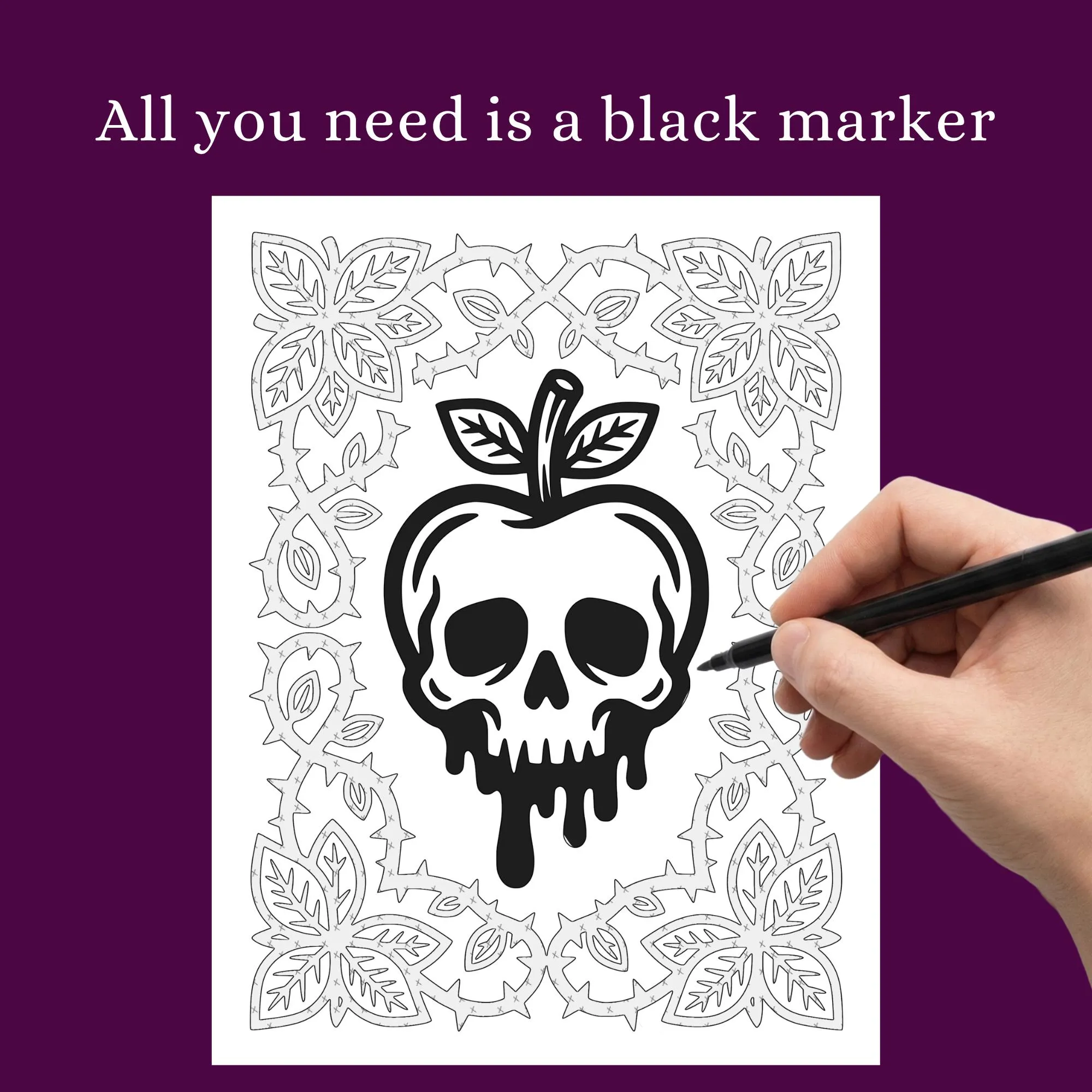 Nocturna Monochrome Coloring Book, Witchy Folk Art, Night Magic, Gothic, Stress Relief One Color PDF PNG (50 Designs)