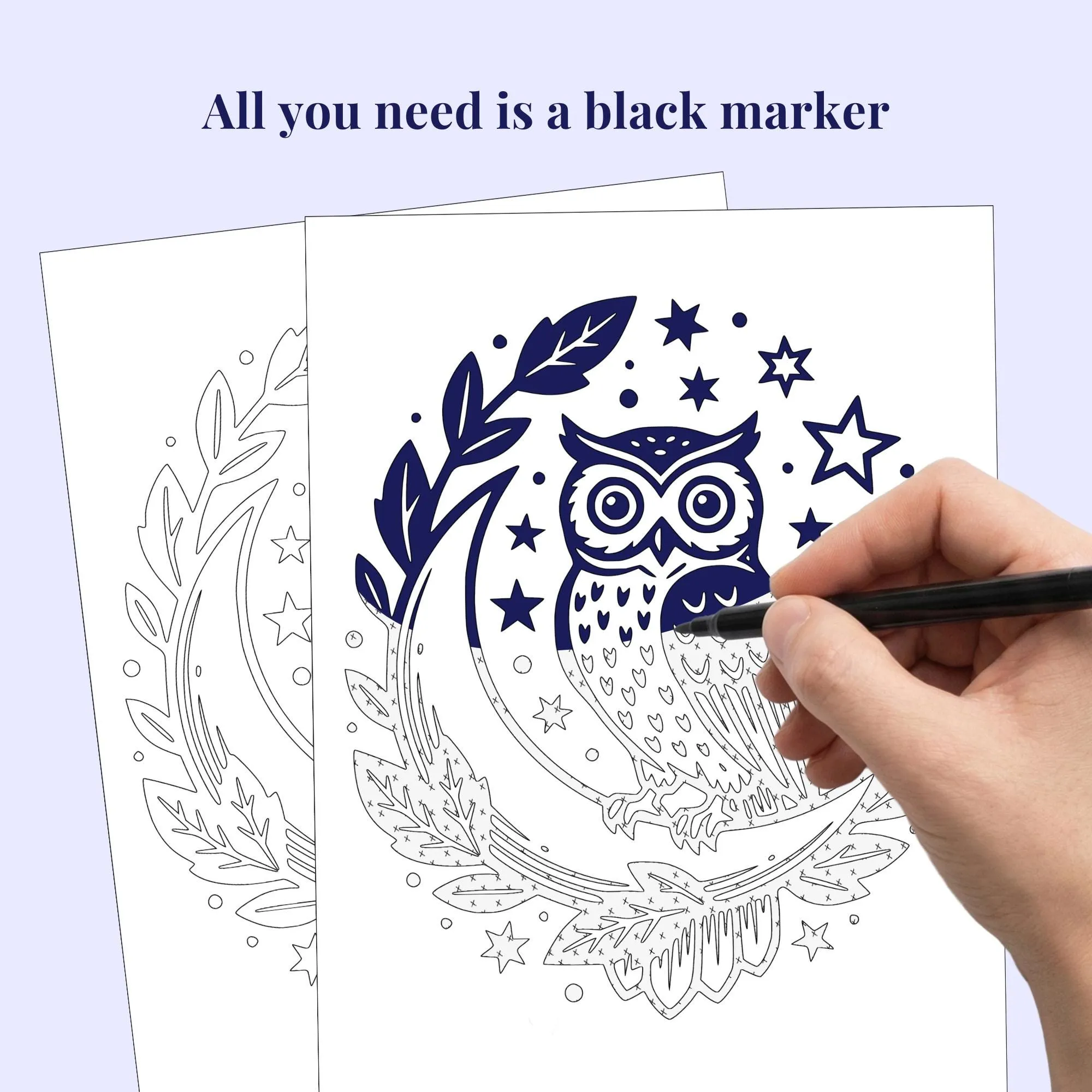 Relaxing Monochrome Coloring Book, One Color Stress Relief Printable Pages PDF PNG (25 Designs)