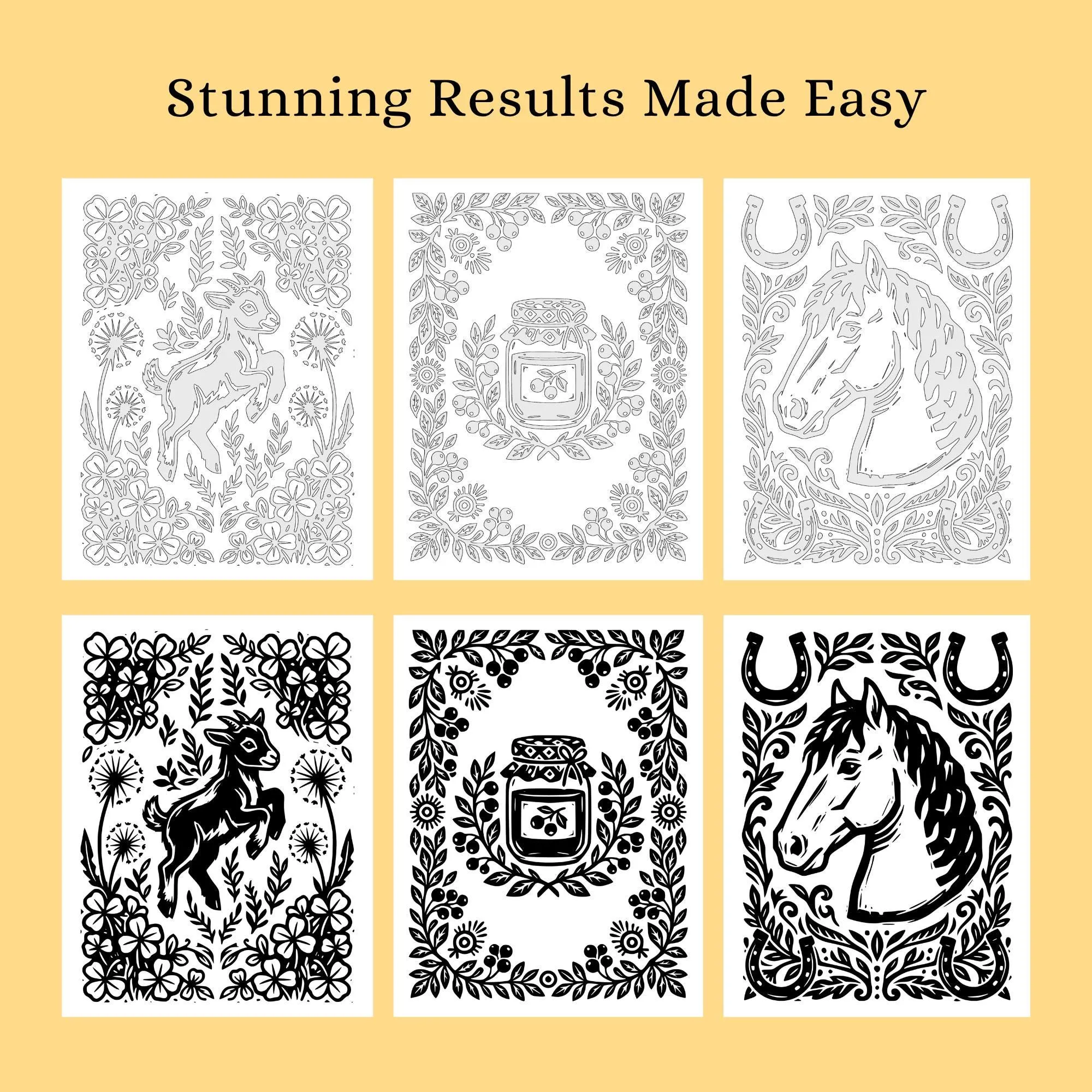 Cottagecore Monochrome Coloring Book, Rustic Tales Folk, One Color Stress Relief Printable Pages PDF PNG (50 Designs)