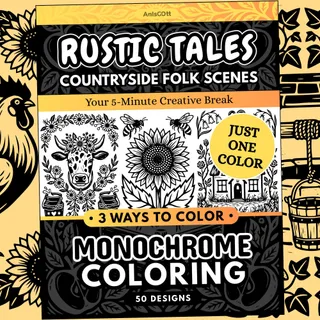 Rustic Tales: Cottagecore Folk Scene Monochrome Coloring Pages