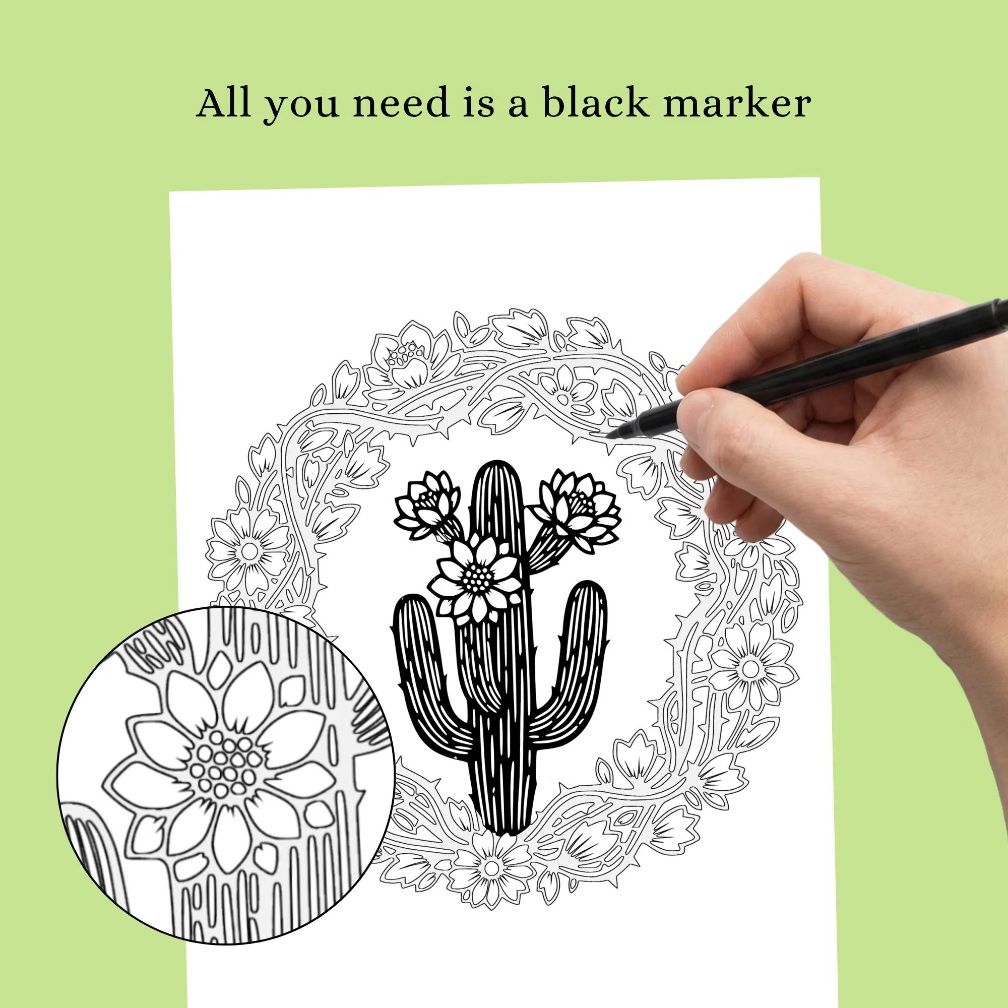 Succulent Serenity Monochrome Coloring Book, Botanical Designs, One Color Stress Relief Printable Pages PDF PNG (50 Designs)