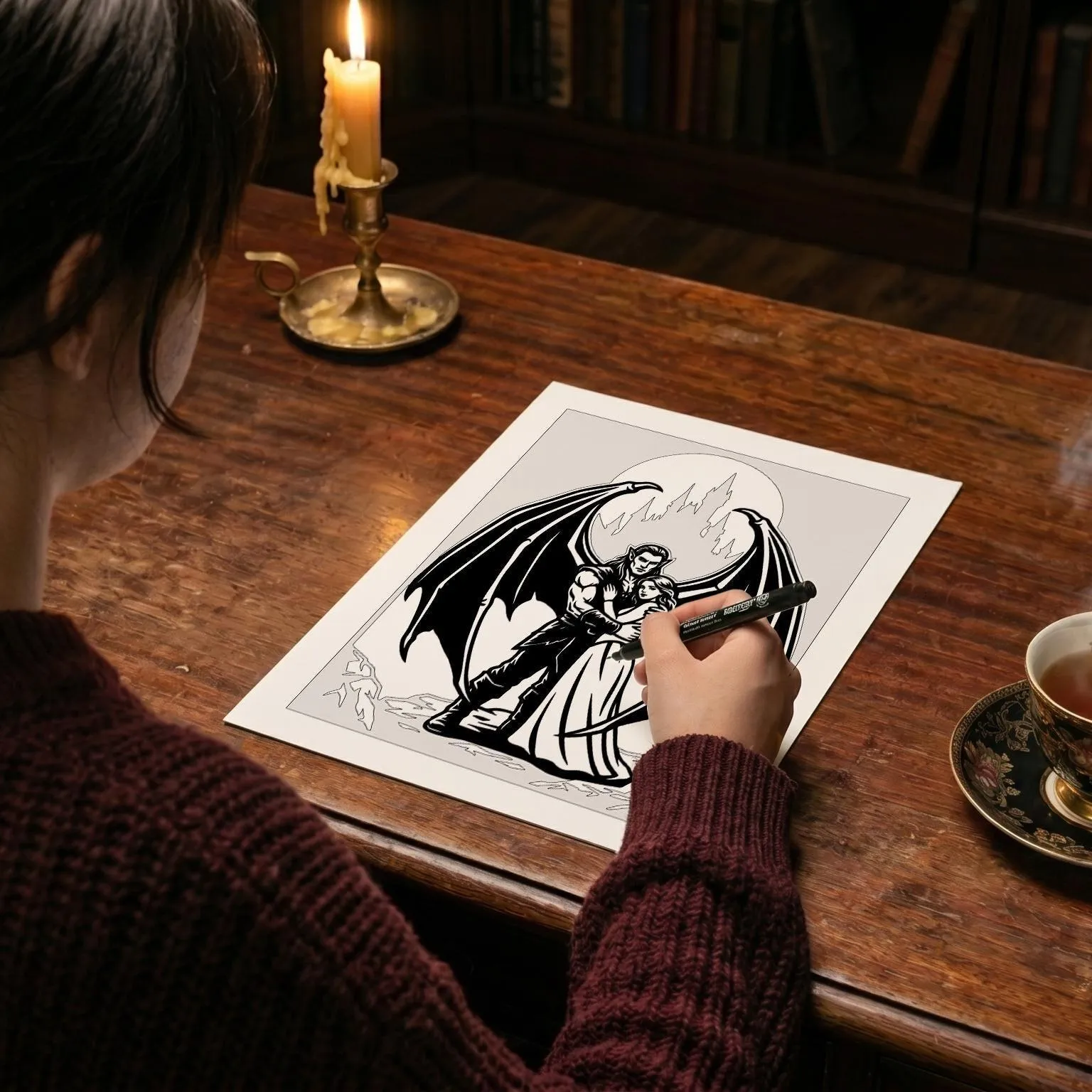 Thorns & Tomes Monochrome Coloring Book, Dark Romance Fae Fantasy, Bookish Gothic Elves, One Color Printable Pages PDF PNG (50 Designs)