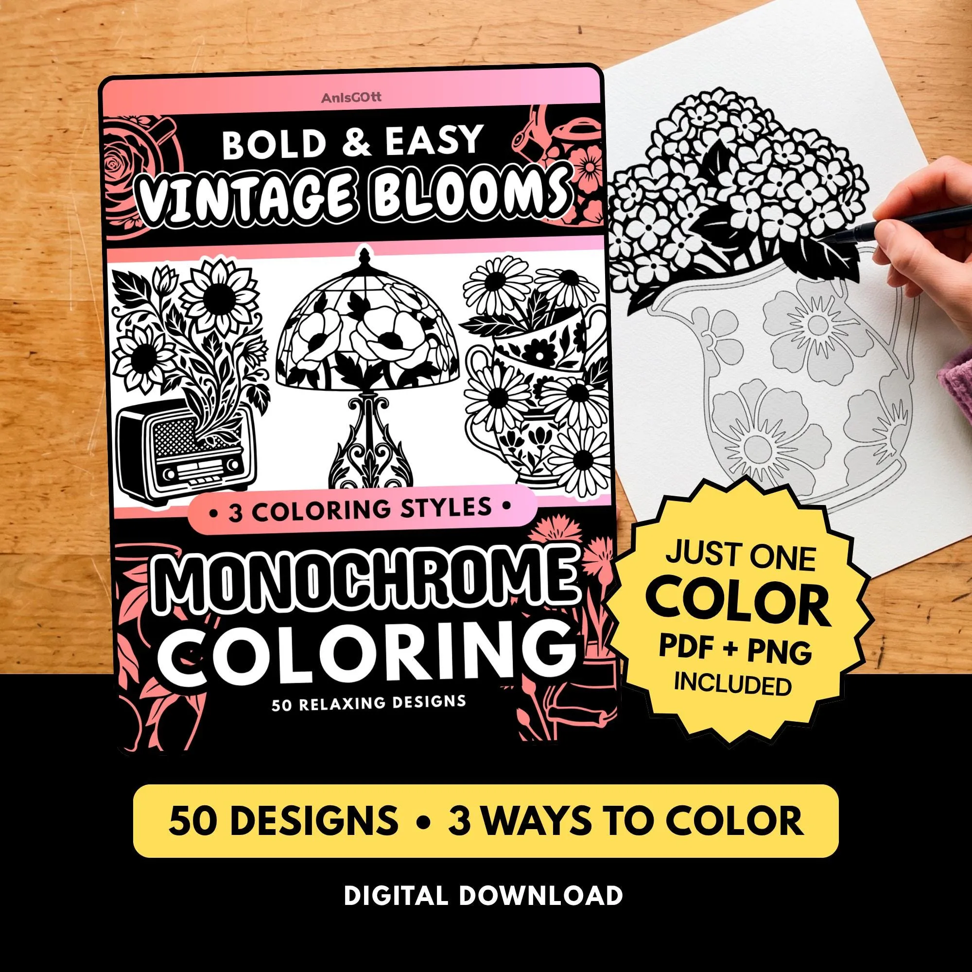 AnIsGOtt Vintage Blooms Monochrome - Cover Preview - Monochrome Coloring