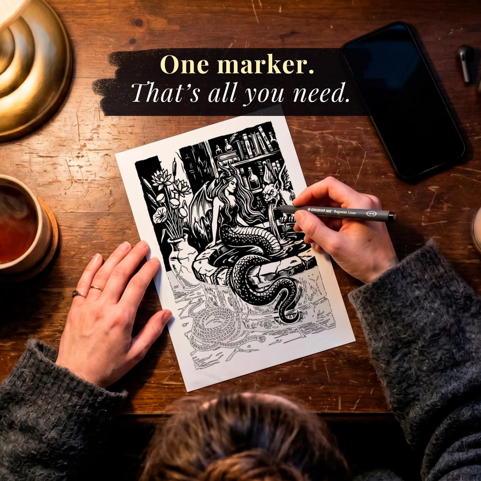 Wunderkammer Monochrome Coloring Book, Halloween Cabinet of Curiosities, Gothic One Color Stress Relief Printable PDF PNG (50 Designs)