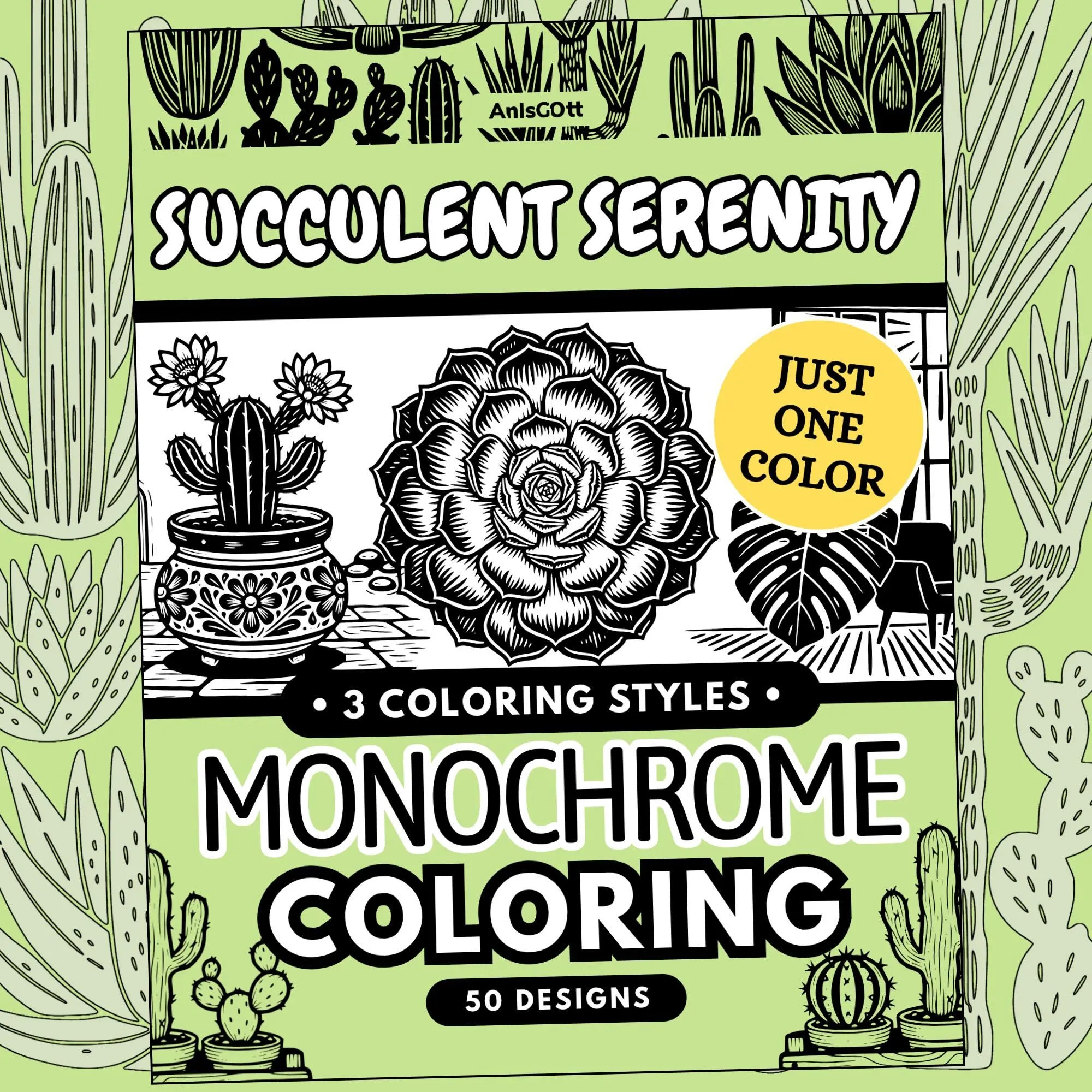 AnIsGOtt Succulent Serenity Monochrome - Cover Preview - Succulent Serenity release stress monochrome coloring