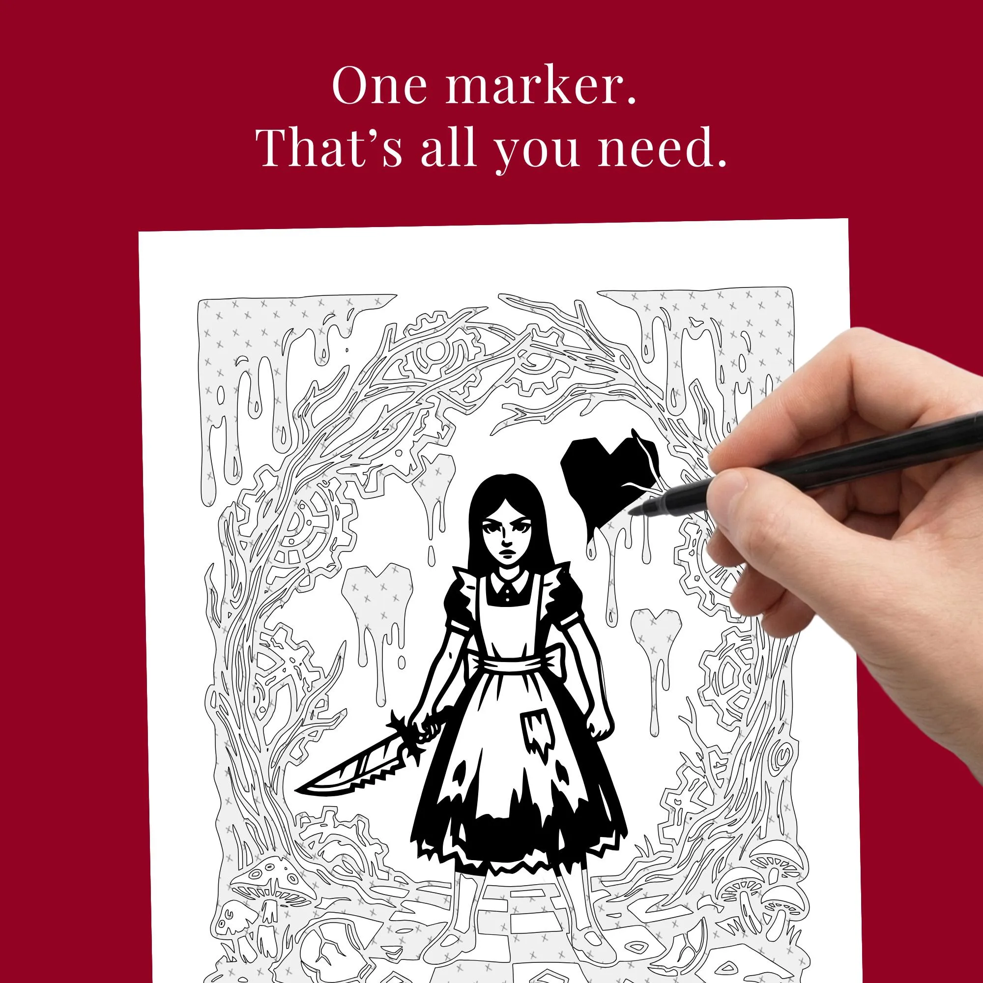 Wonderlost Monochrome Coloring Book, Dark Alice Inspired Gothic Fantasy, One Color Stress Relief Printable Pages PDF PNG, 50 Designs