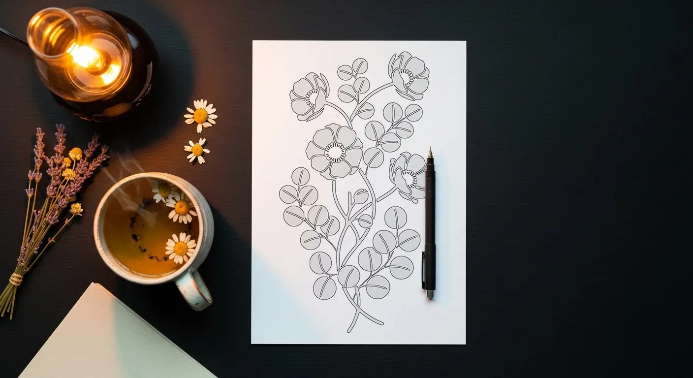 Evening wind-down: blank paper, warm lamp, chamomile tea. No screens.