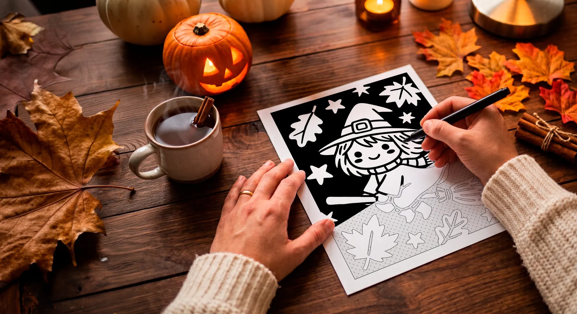 Close-up of hand holding marker over monochrome coloring page line art