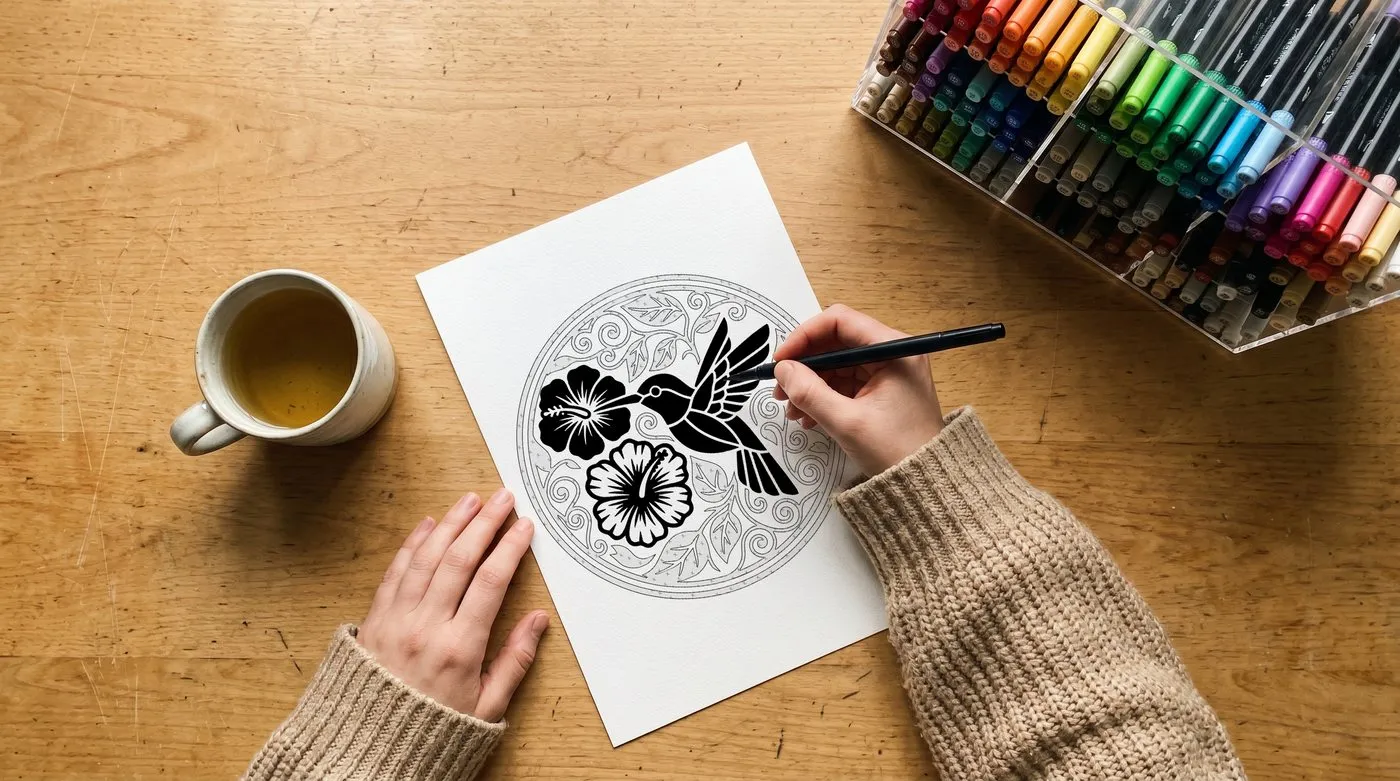 Overhead flatlay of hands coloring a hummingbird mandala with a black marker — AnIsGOtt Design