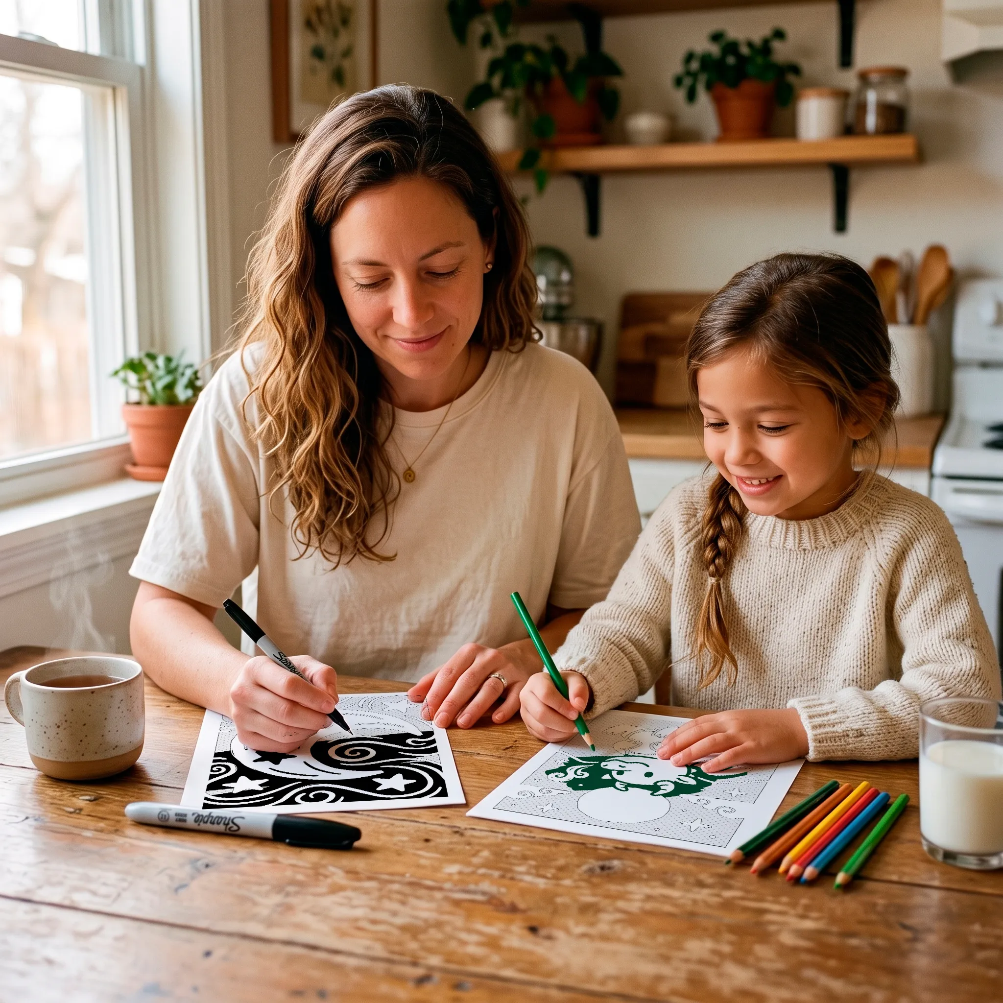 Mother and daughter coloring together at the kitchen table