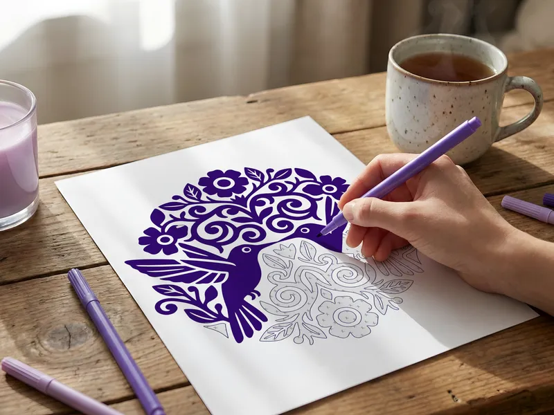 Hand coloring a hummingbird design with a purple marker, next to a cup of tea and a candle