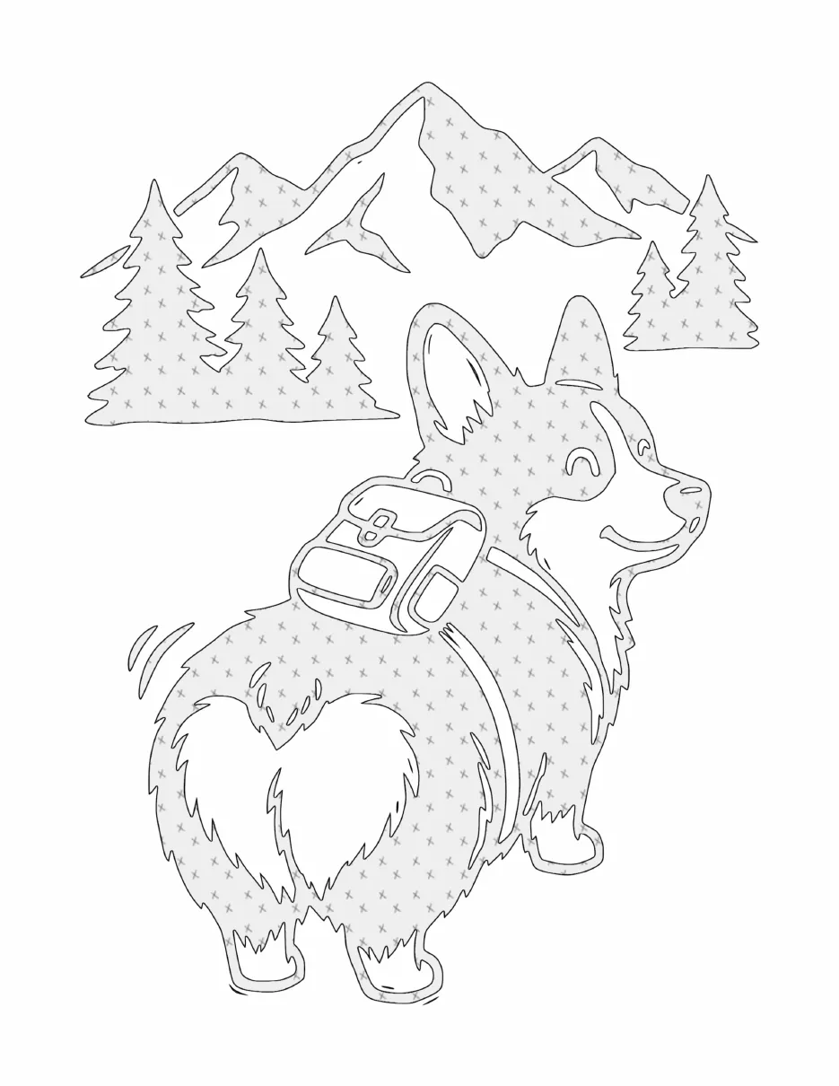 Starter Pack page in Pattern Guide style: a corgi hiking, small marks show where to fill