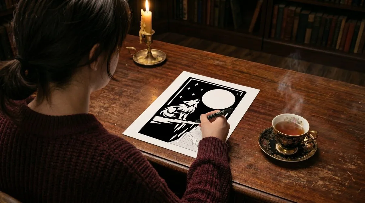 Woman coloring a wolf and moon design at a candlelit library desk — dark academia aesthetic