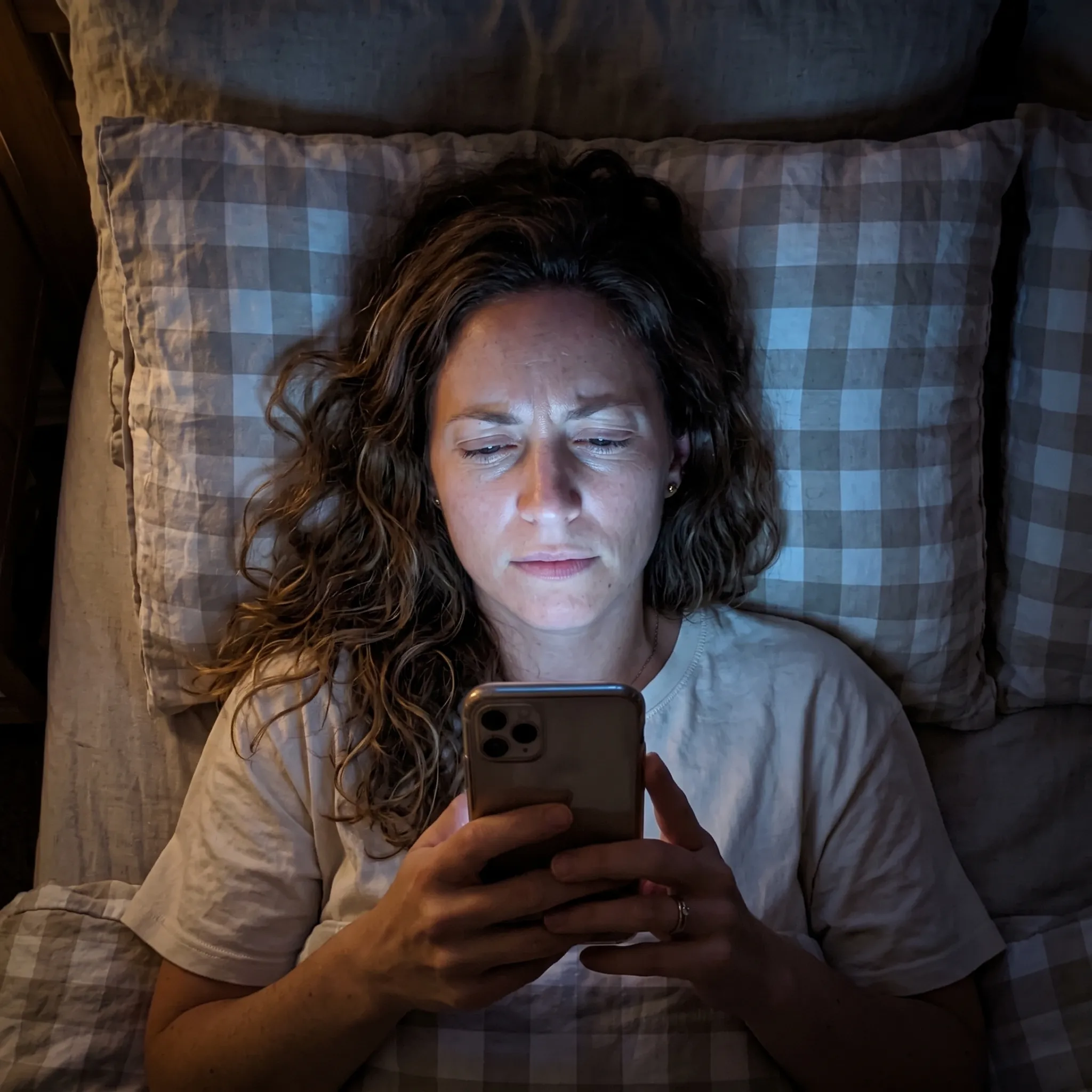 Woman scrolling her phone late at night, unable to switch off