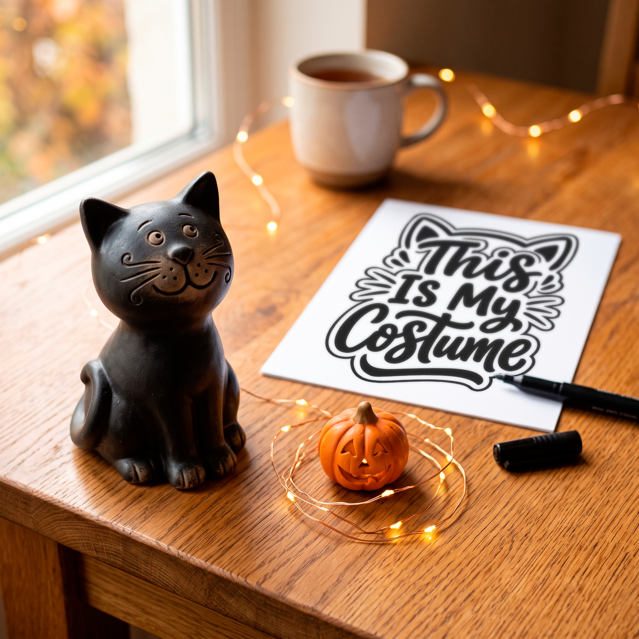 Black cat figurine sitting beside a blank page, ready for a cozy Halloween coloring ritual