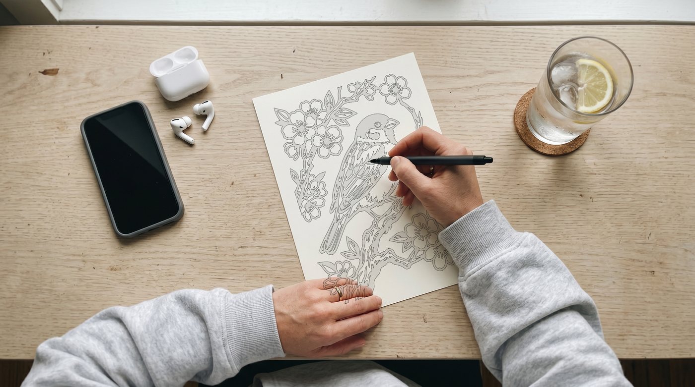 Overhead flatlay of hands coloring a botanical bird design with black marker, AirPods and a glass of water nearby