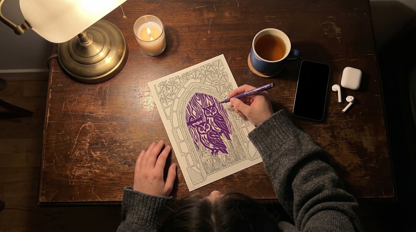 Overhead view of hands coloring a gothic owl arch with deep violet marker, candle and tea nearby