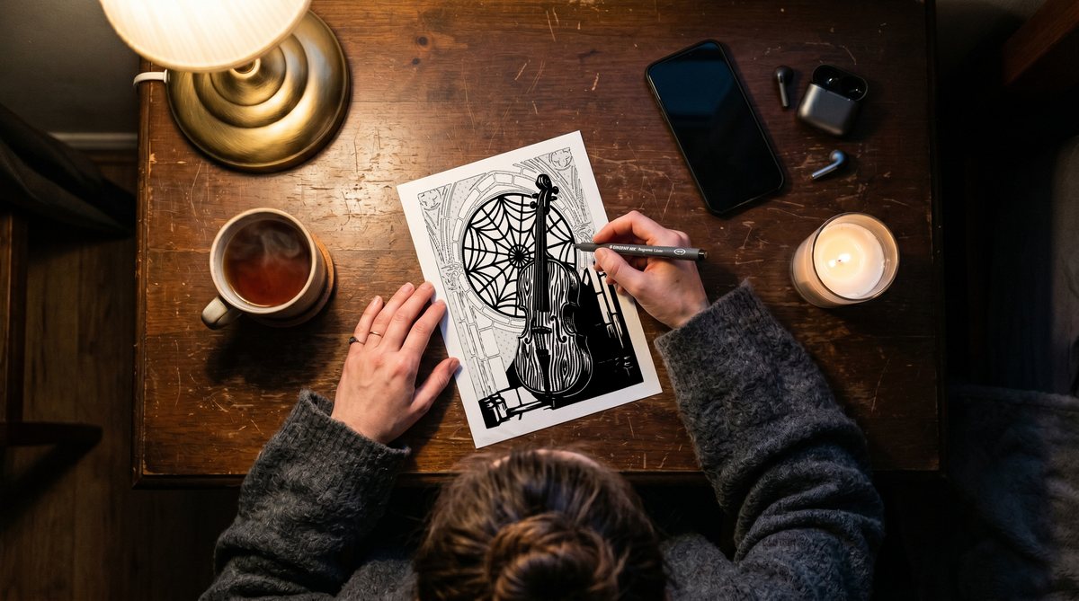 Overhead view of hands coloring a gothic violin design with a black marker, candle and tea nearby